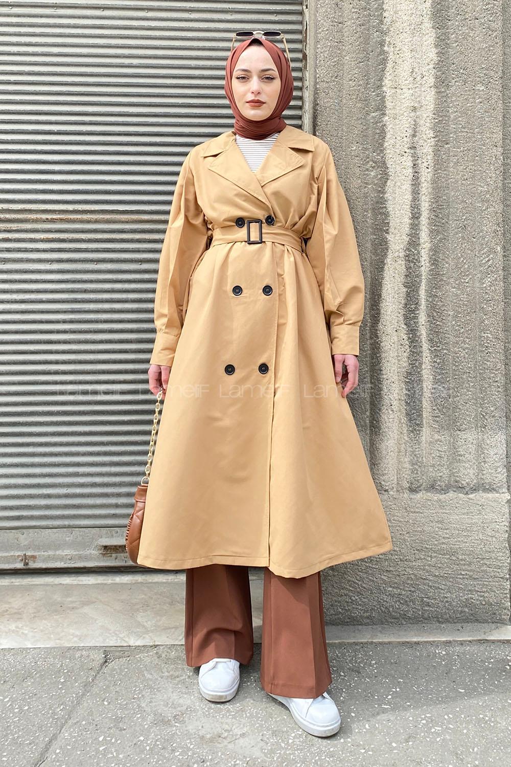 Lamelif Önü Düğmeli Mevsimlik Trençkot Sütlü Kahve