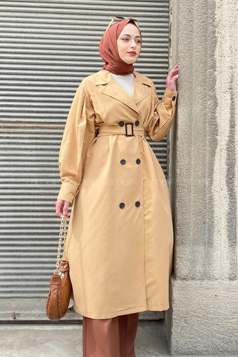 Lamelif Önü Düğmeli Mevsimlik Trençkot Sütlü Kahve