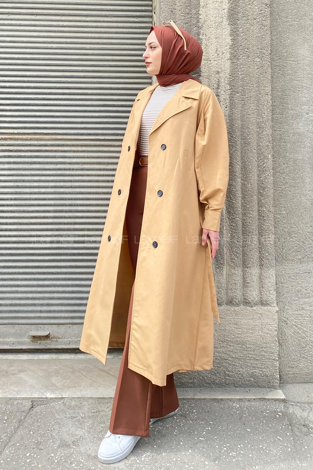 Lamelif Önü Düğmeli Mevsimlik Trençkot Sütlü Kahve