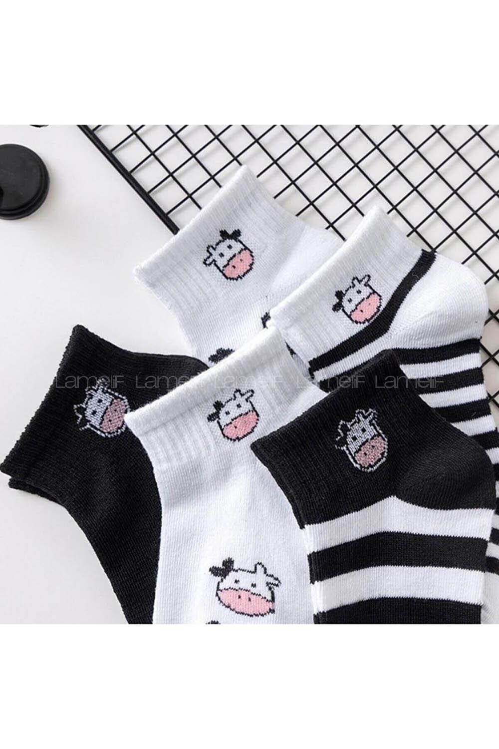 Lamelif İnek Desen 5 Çift Yarım Kolej Çorap Seti