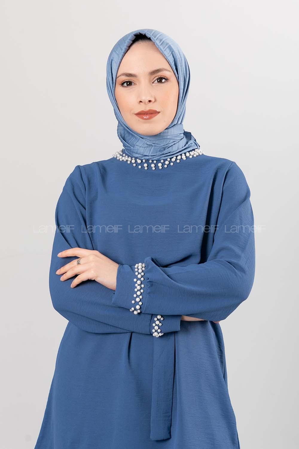 Lamelif Piliseli Eşarp Kot Mavi