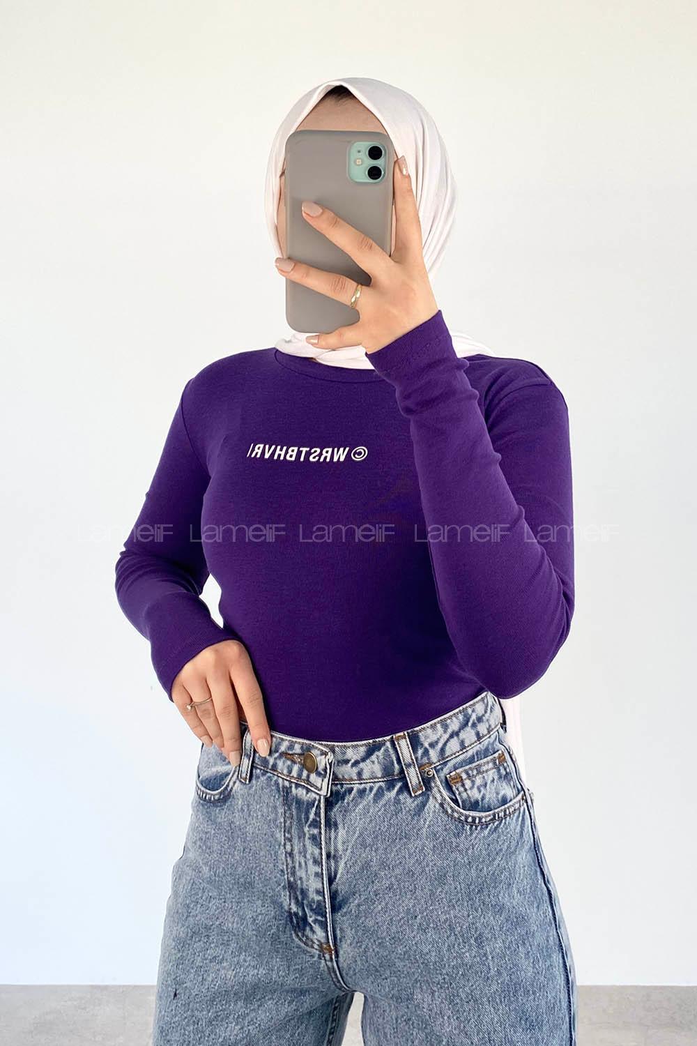 Purble Crew Neck Long Arm Without Accessories Printed Blouse