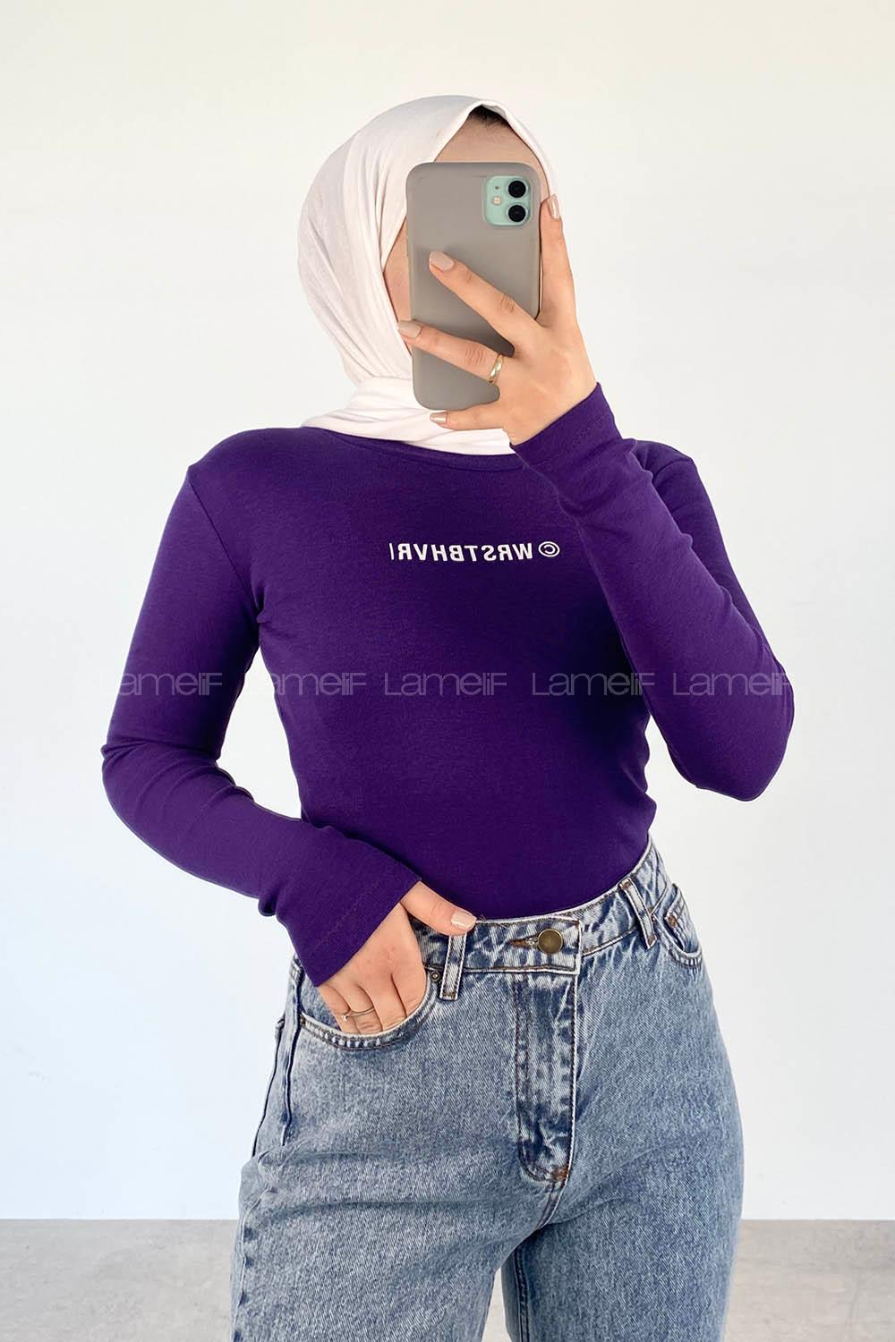 Purble Crew Neck Long Arm Without Accessories Printed Blouse