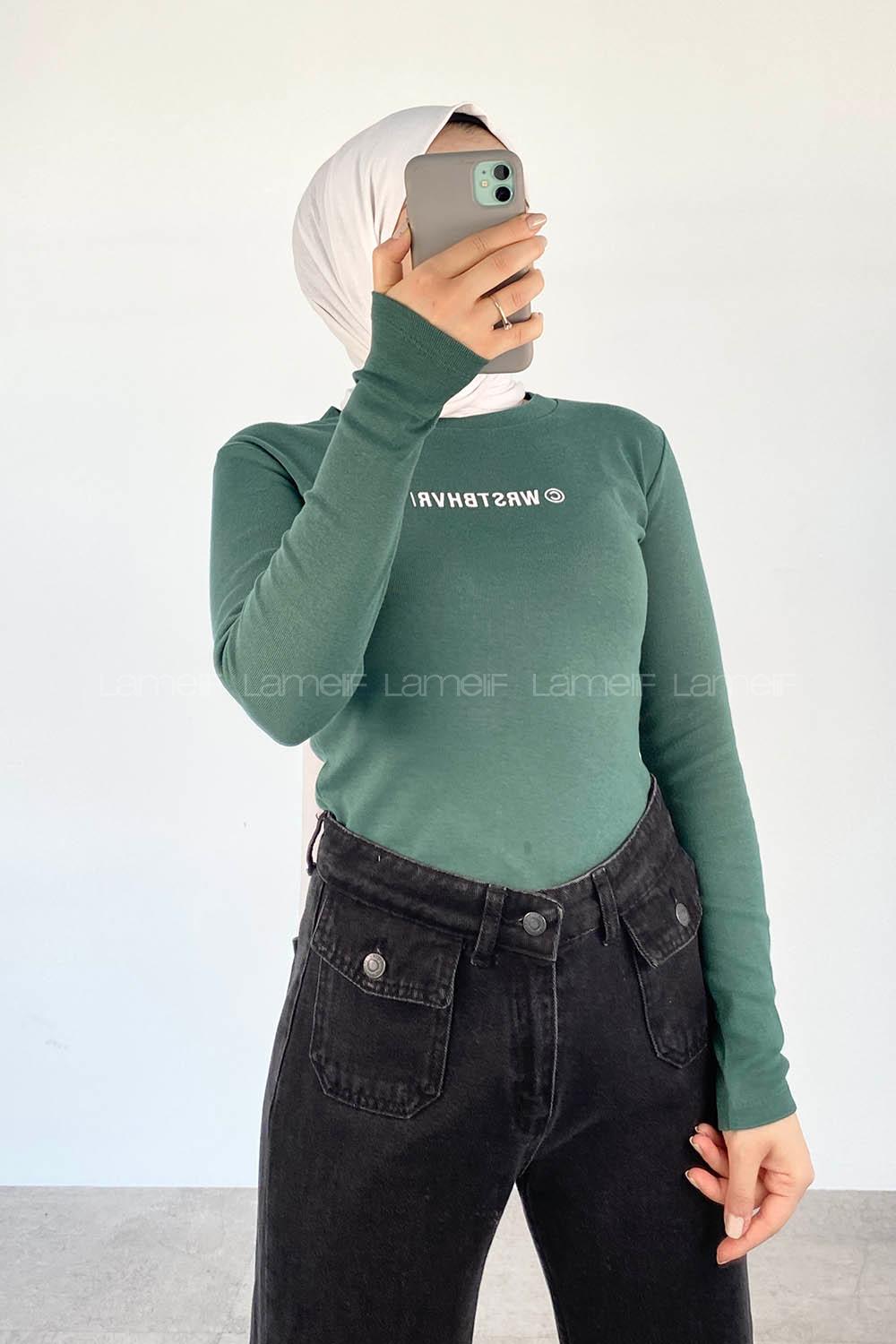 Emerald Green Crew Neck Long Arm Without Accessories Printed Blouse