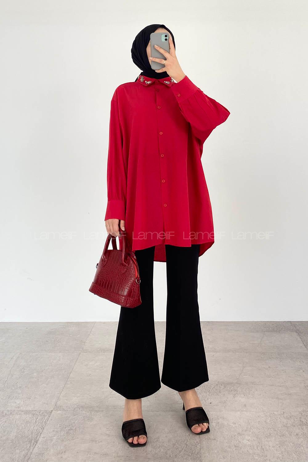 Modalameli Yaka Çakma Taş Gömlek Bordo