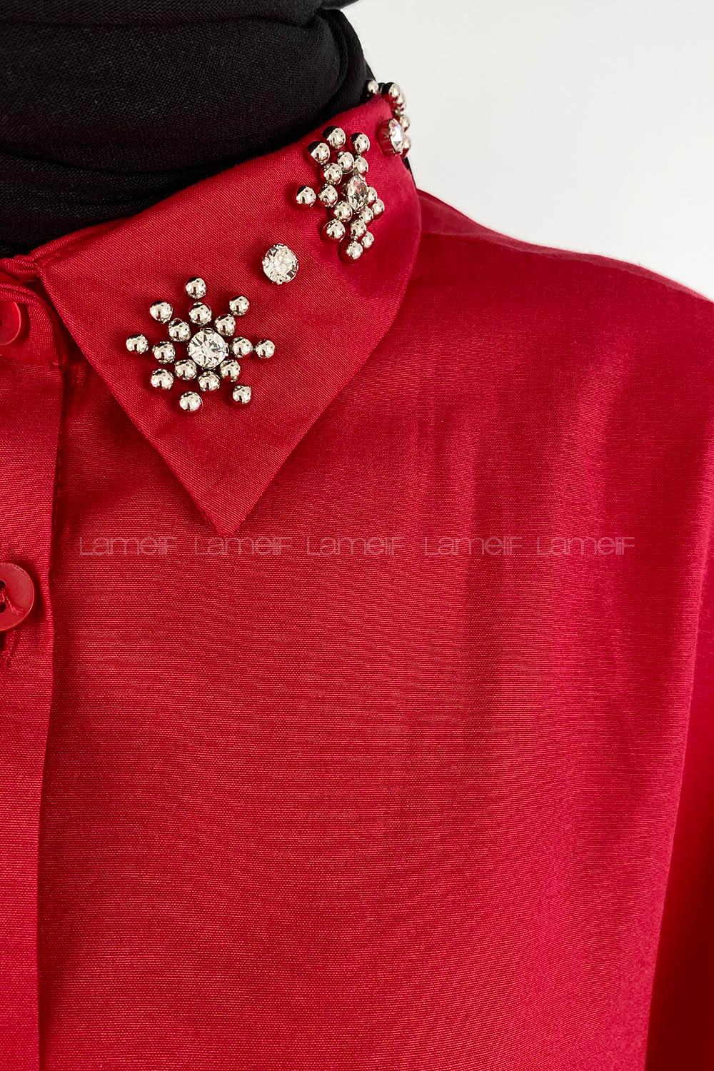 Modalameli Yaka Çakma Taş Gömlek Bordo