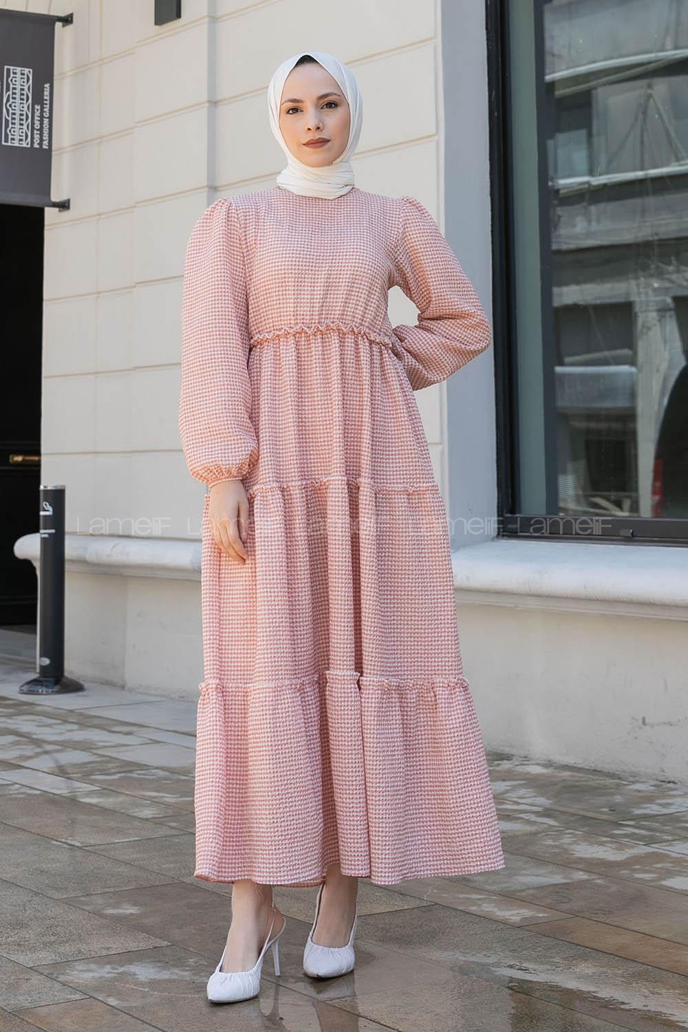 Salmon Medium Crew Neck Cotton Fabric Unprinted Dresess