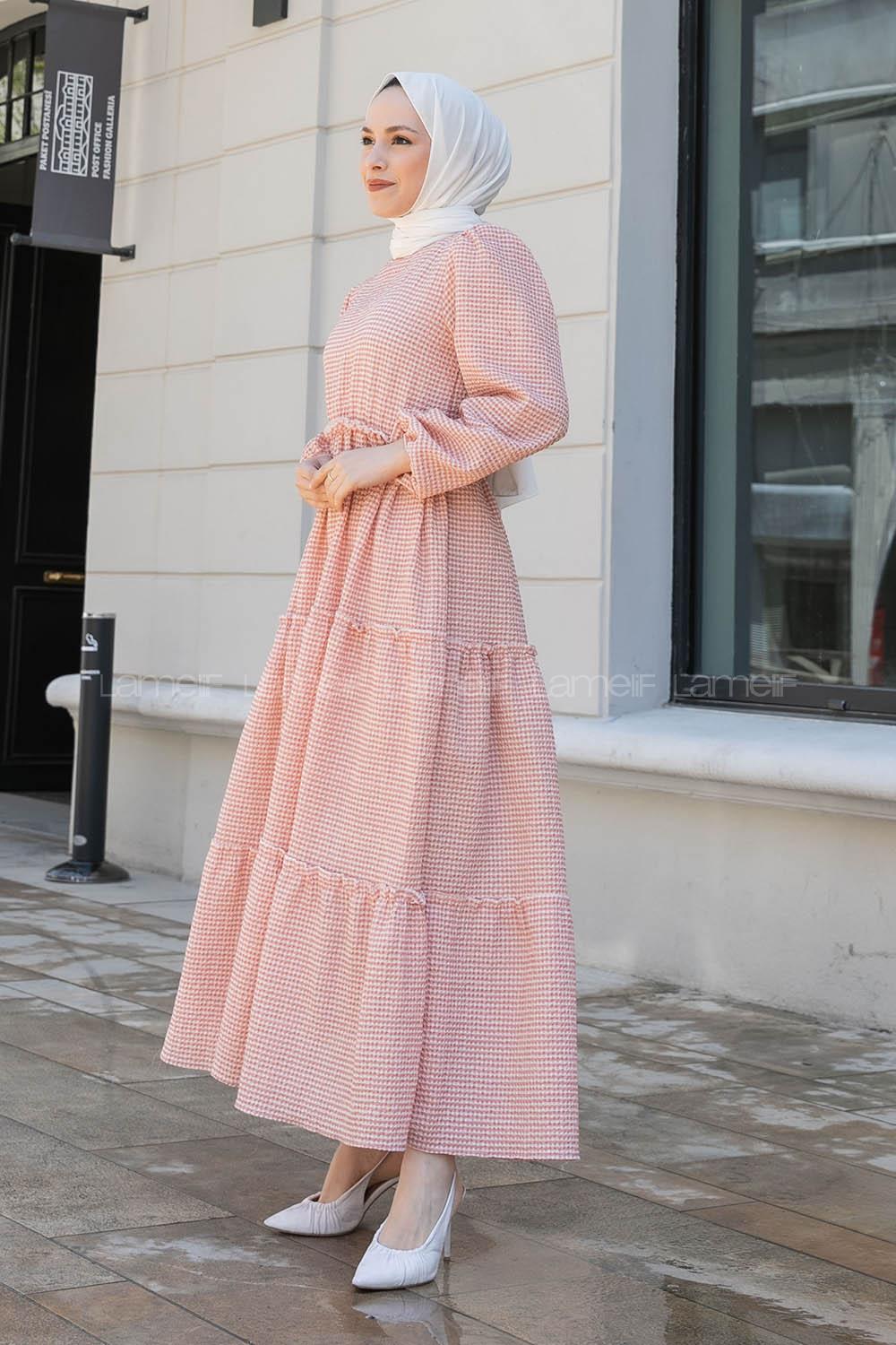 Salmon Medium Crew Neck Cotton Fabric Unprinted Dresess