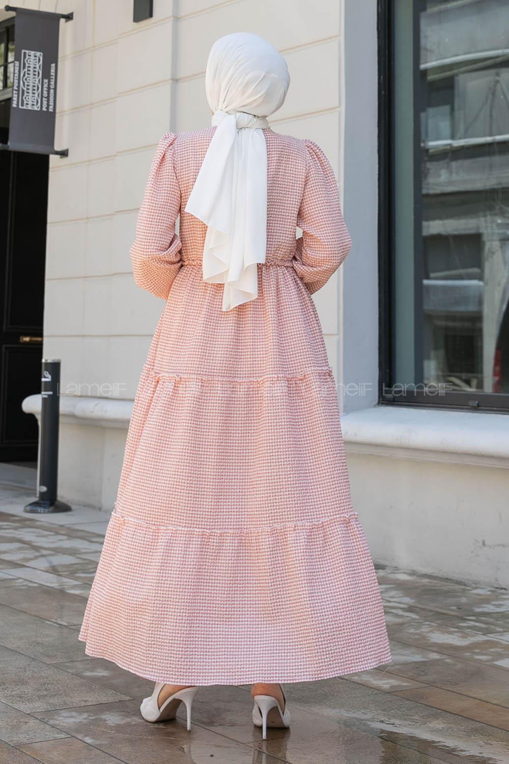 Salmon Medium Crew Neck Cotton Fabric Unprinted Dresess