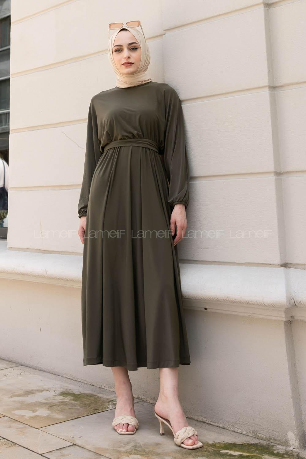 Khaki Crew Neck Unprinted Dresess