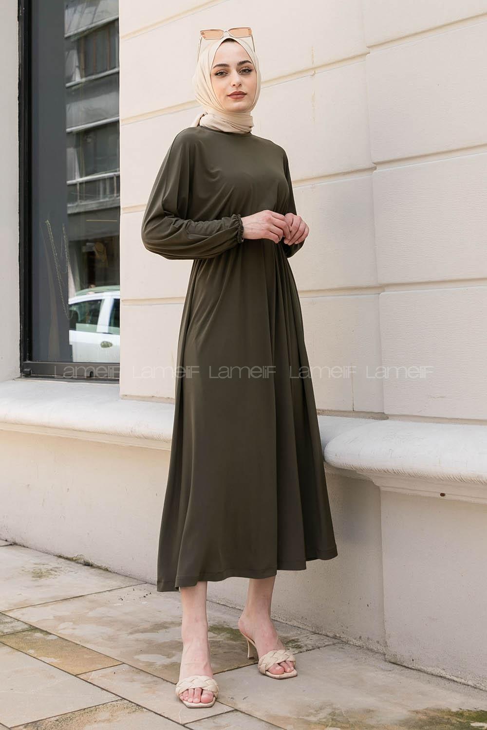 Khaki Crew Neck Unprinted Dresess