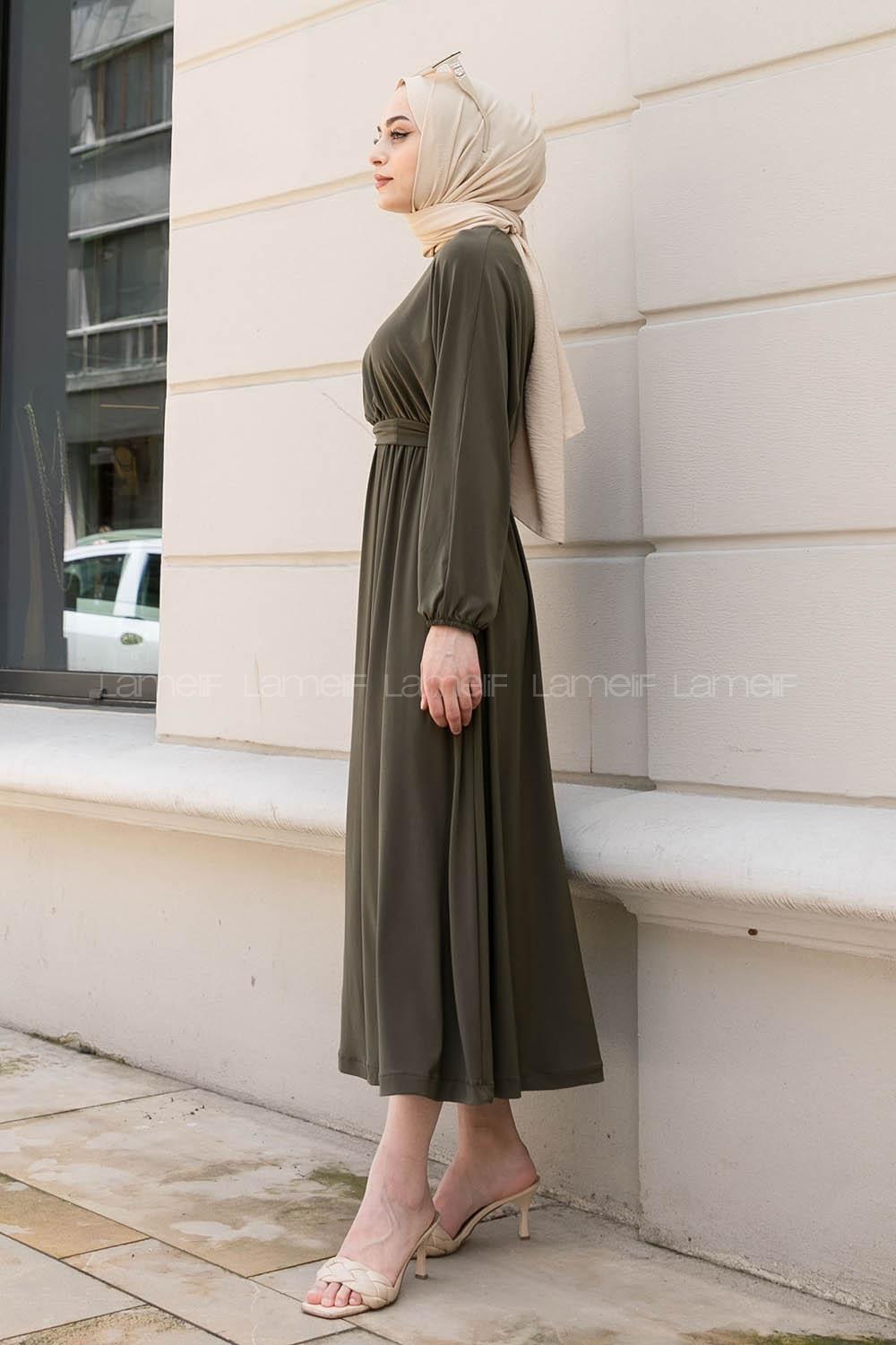 Khaki Crew Neck Unprinted Dresess