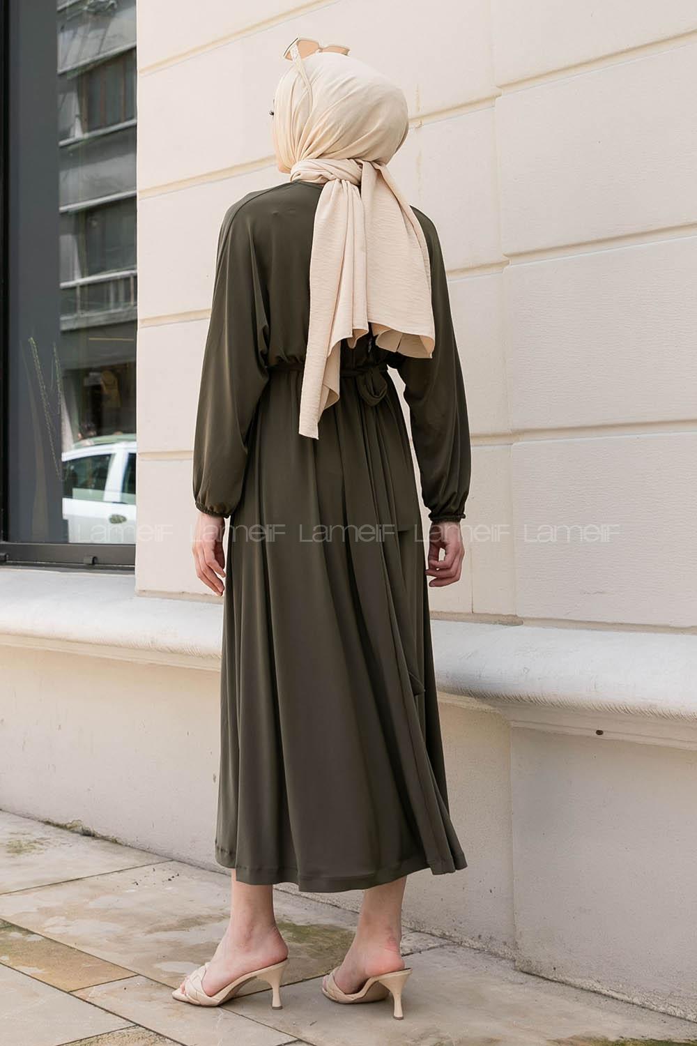 Khaki Crew Neck Unprinted Dresess