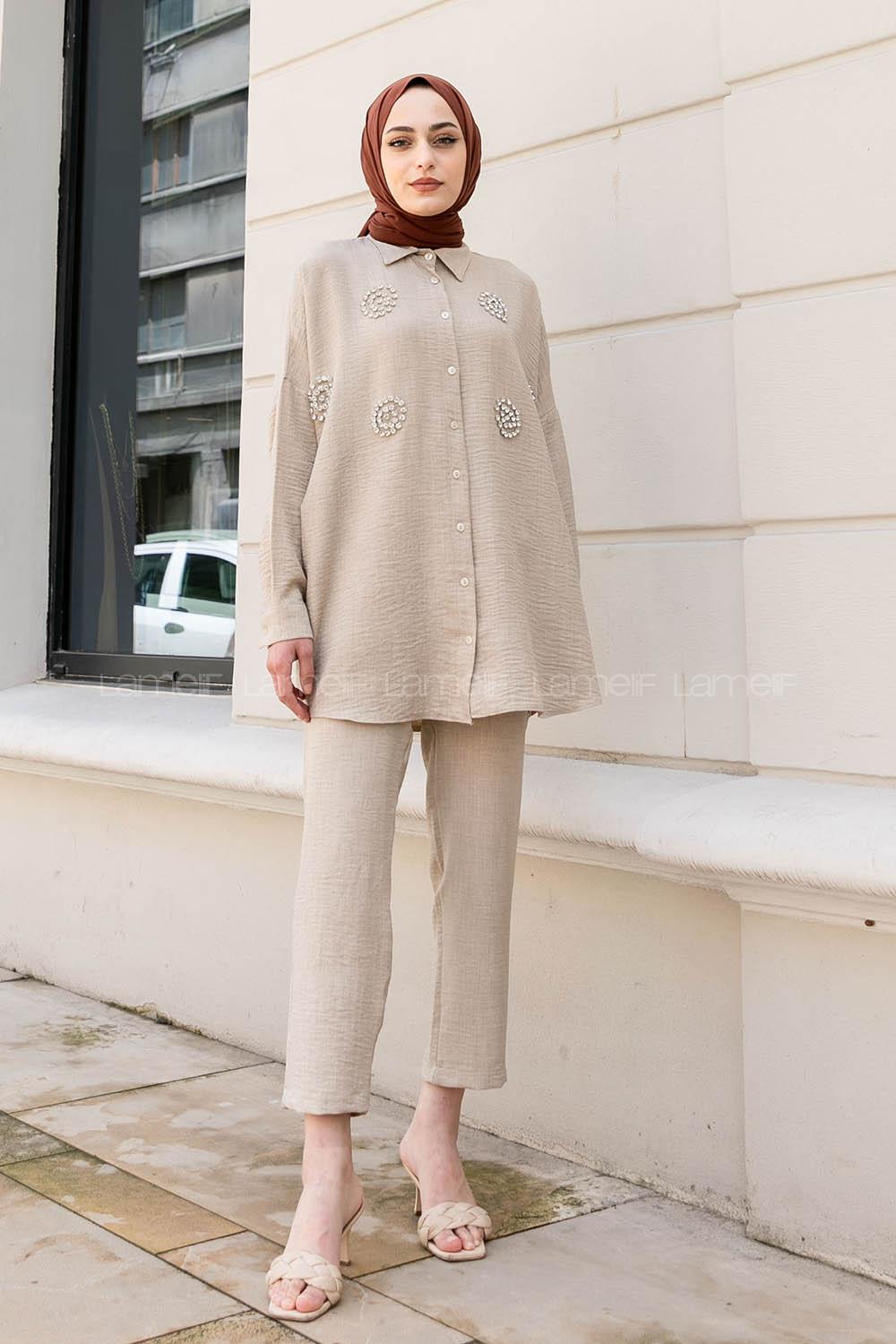 Stone Shirt Collar Long Arm With Brooch Linen Regular Trousers Comfortable Suit
