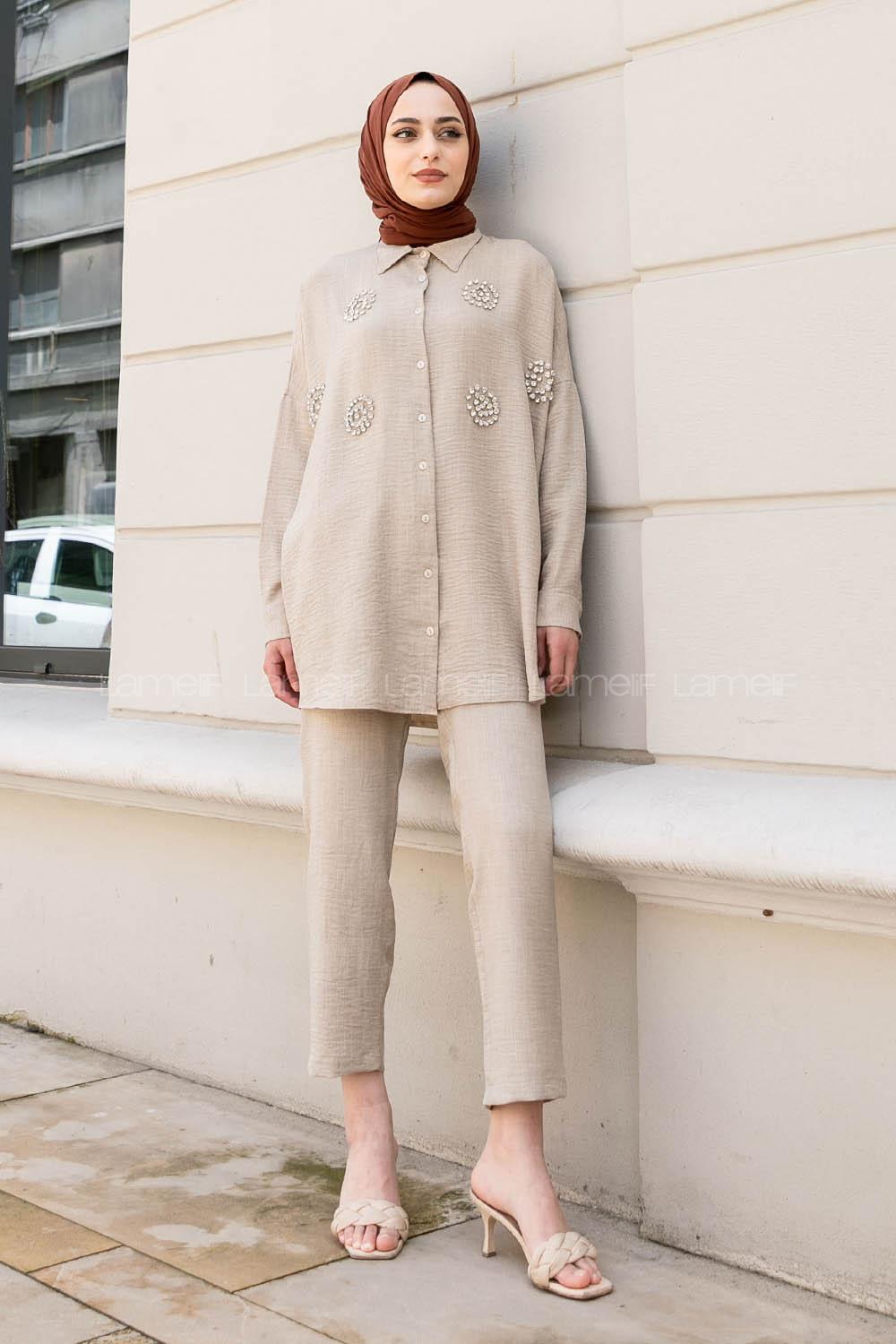 Stone Shirt Collar Long Arm With Brooch Linen Regular Trousers Comfortable Suit