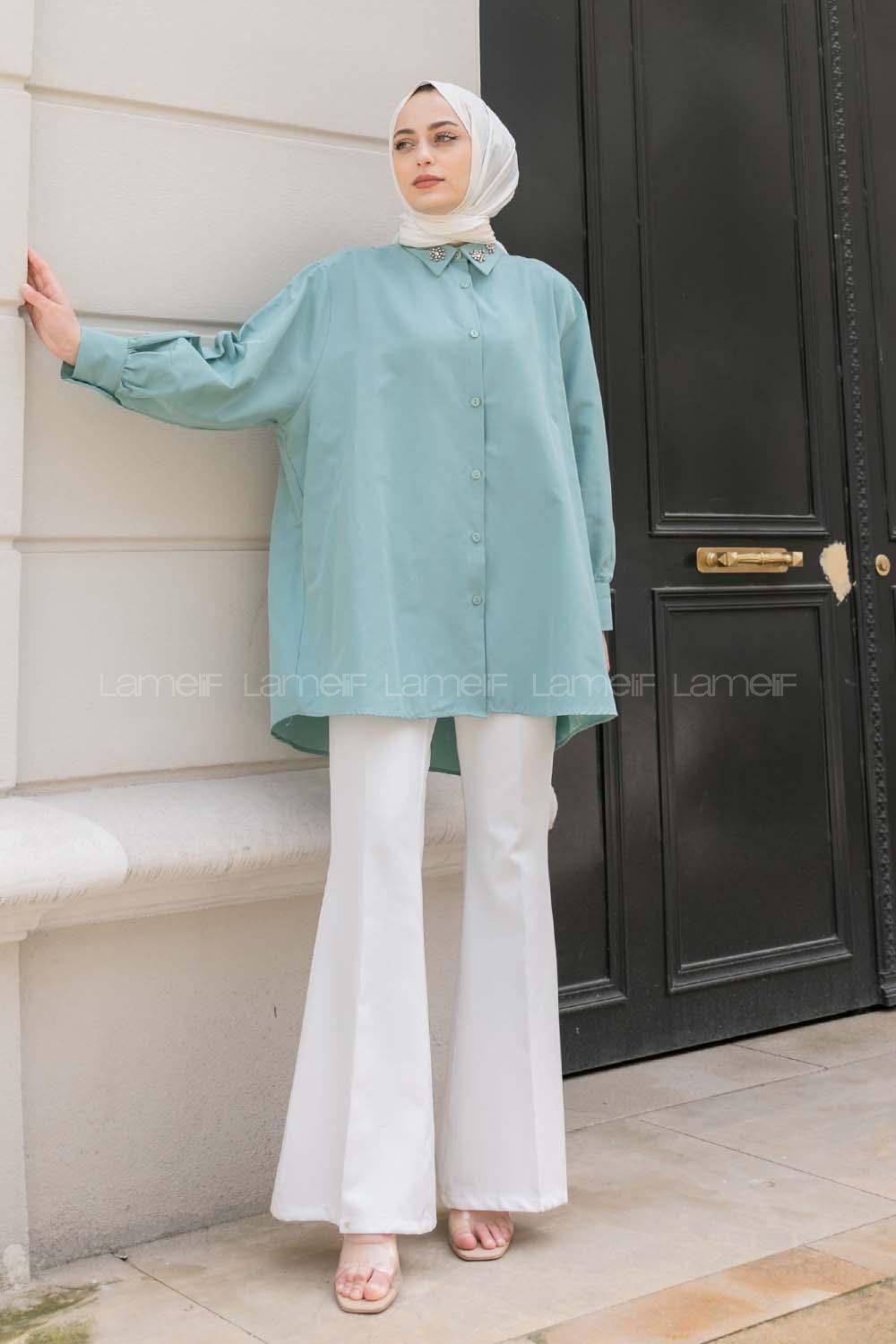 Modalameli Yaka Çakma Taş Gömlek Su Yeşili