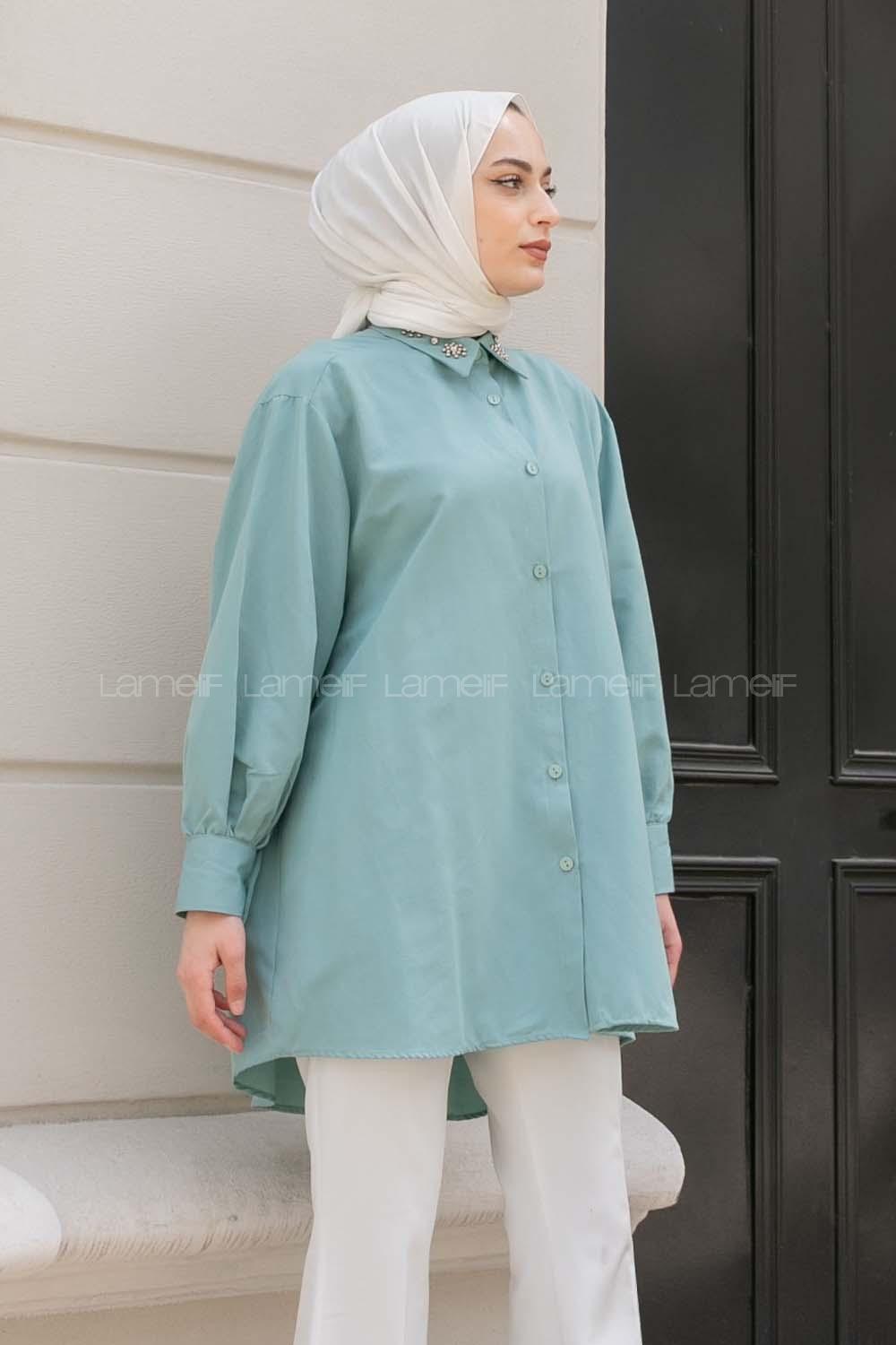 Modalameli Yaka Çakma Taş Gömlek Su Yeşili