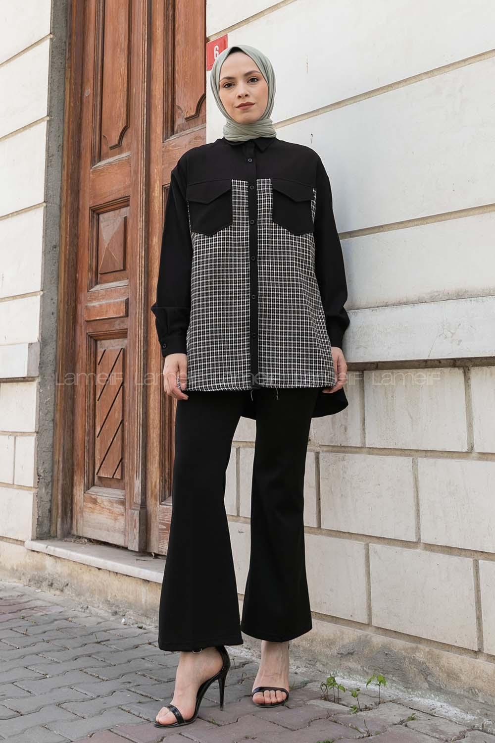 Black Shirt Collar Long Arm Crepe Fabric Printed Shirt