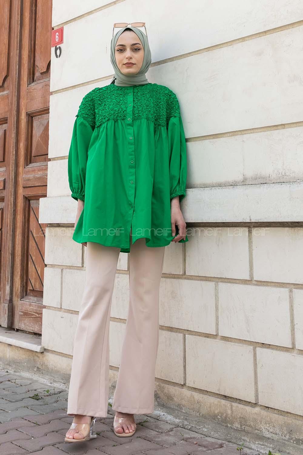 Green Neck Neck Combed Fabric Unprinted Tunic