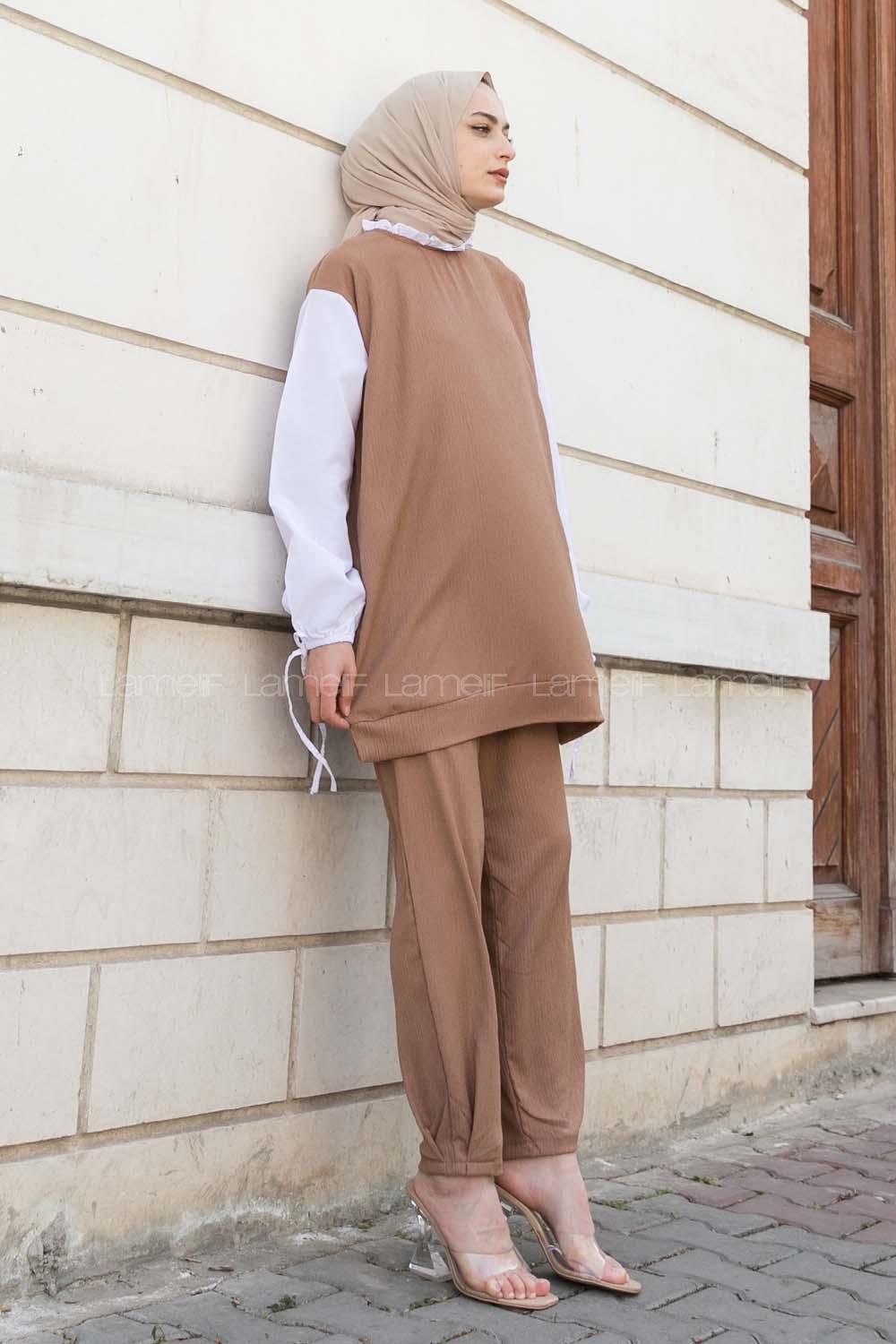 Camel Crew Neck Long Arm Without Accessories Crepe Fabric Regular Trousers Comfortable Suit