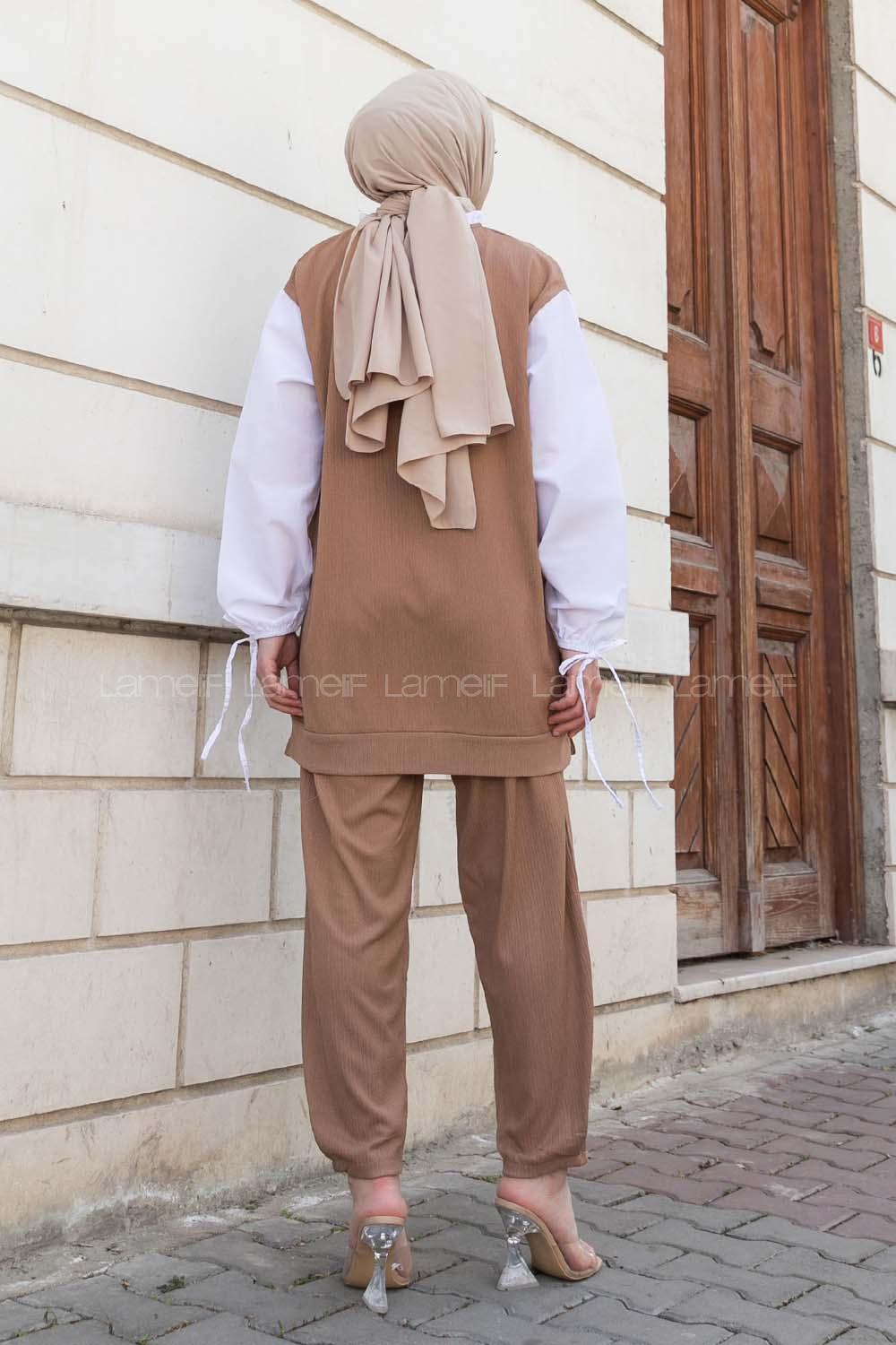 Camel Crew Neck Long Arm Without Accessories Crepe Fabric Regular Trousers Comfortable Suit