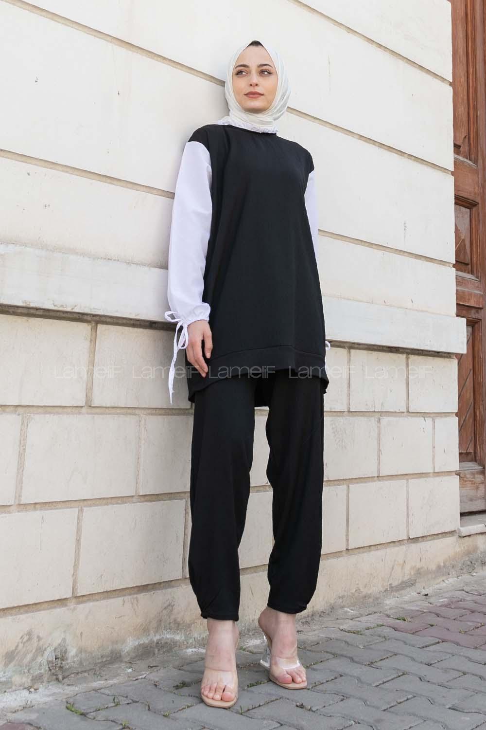 Black Crew Neck Long Arm Without Accessories Crepe Fabric Regular Trousers Comfortable Suit