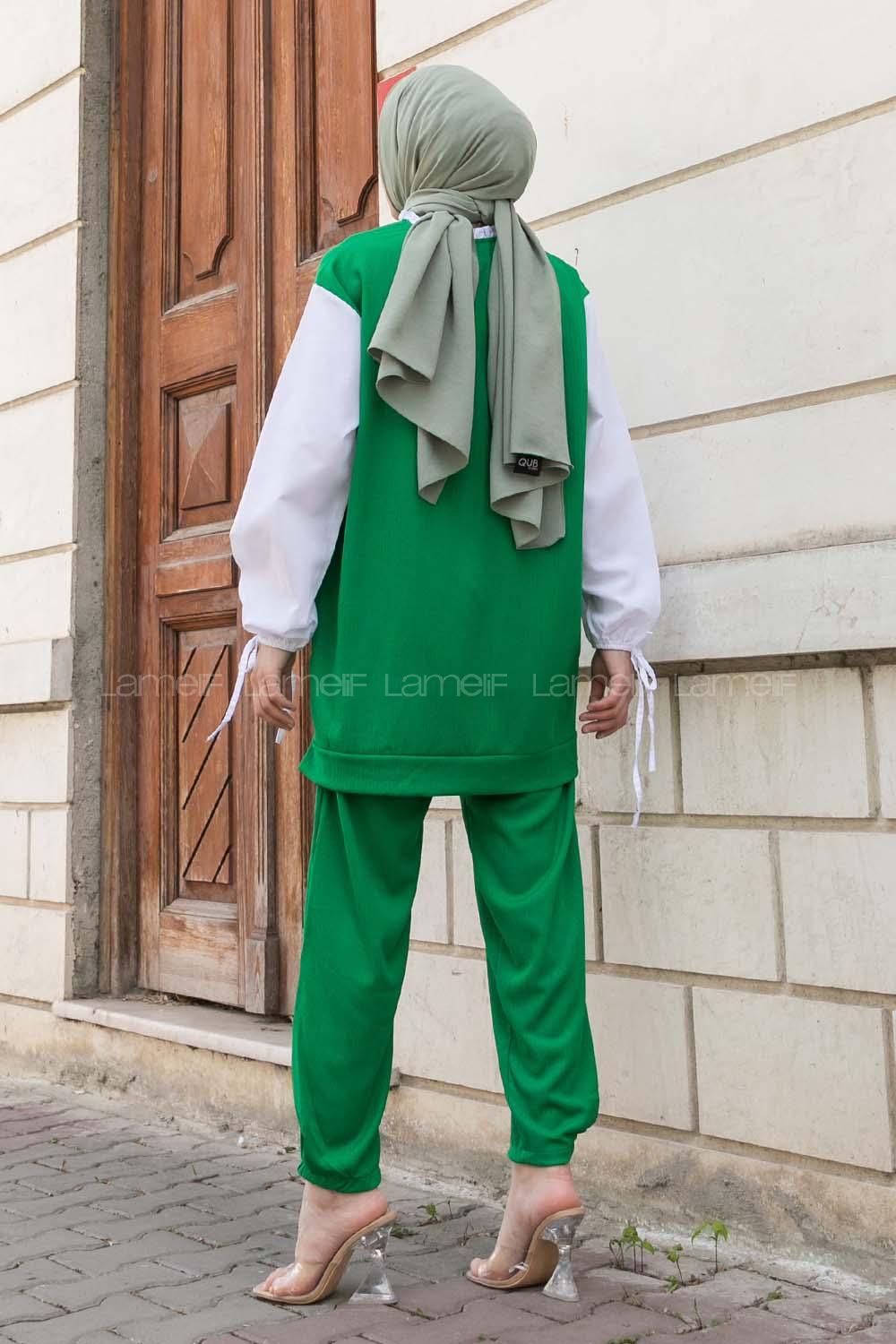Green Crew Neck Long Arm Without Accessories Crepe Fabric Regular Trousers Comfortable Suit