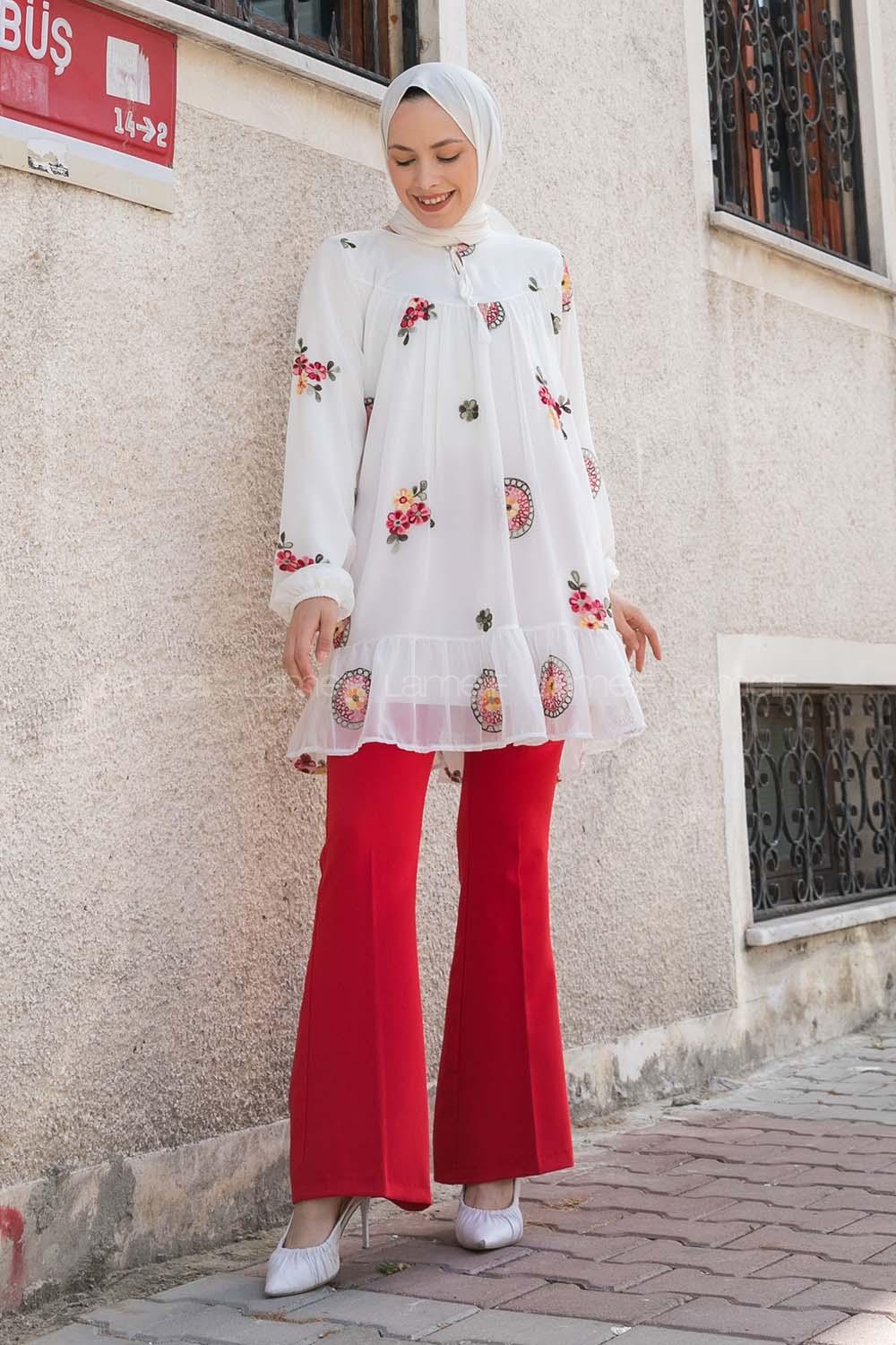 White Crew Neck Printed Tunic