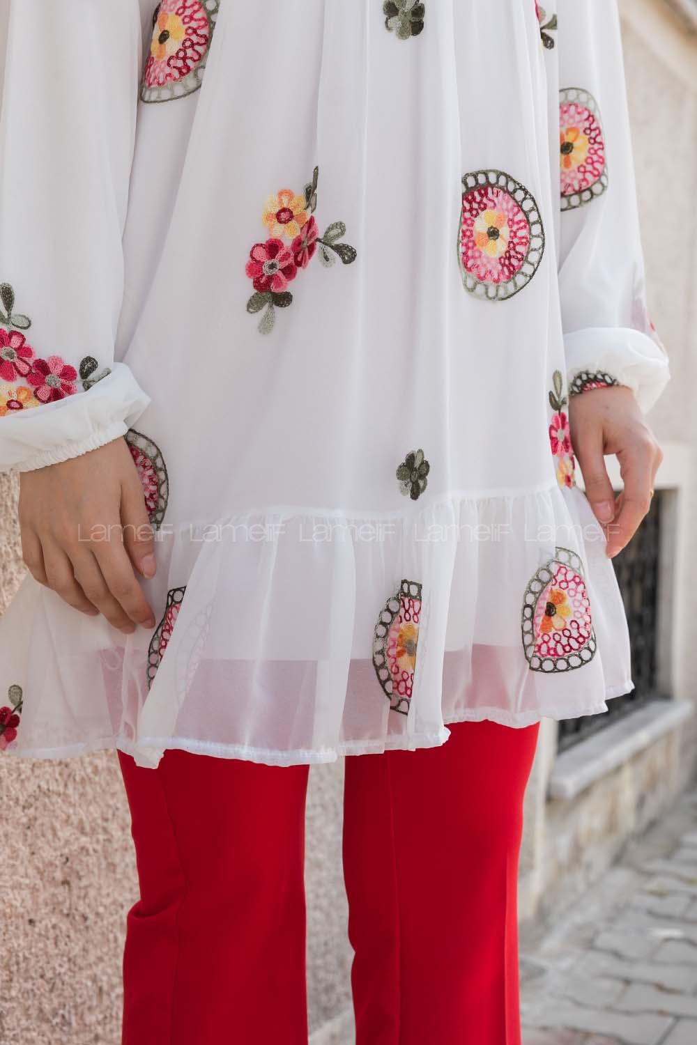 White Crew Neck Printed Tunic