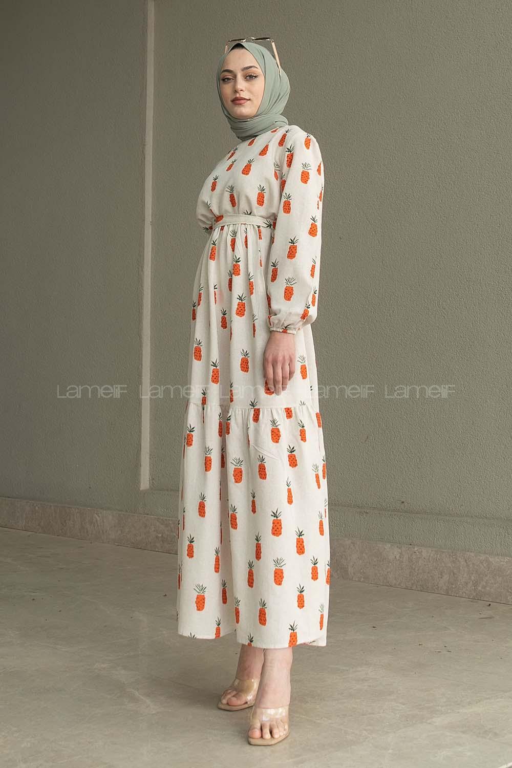 Orange Crew Neck Linen Printed Dresess