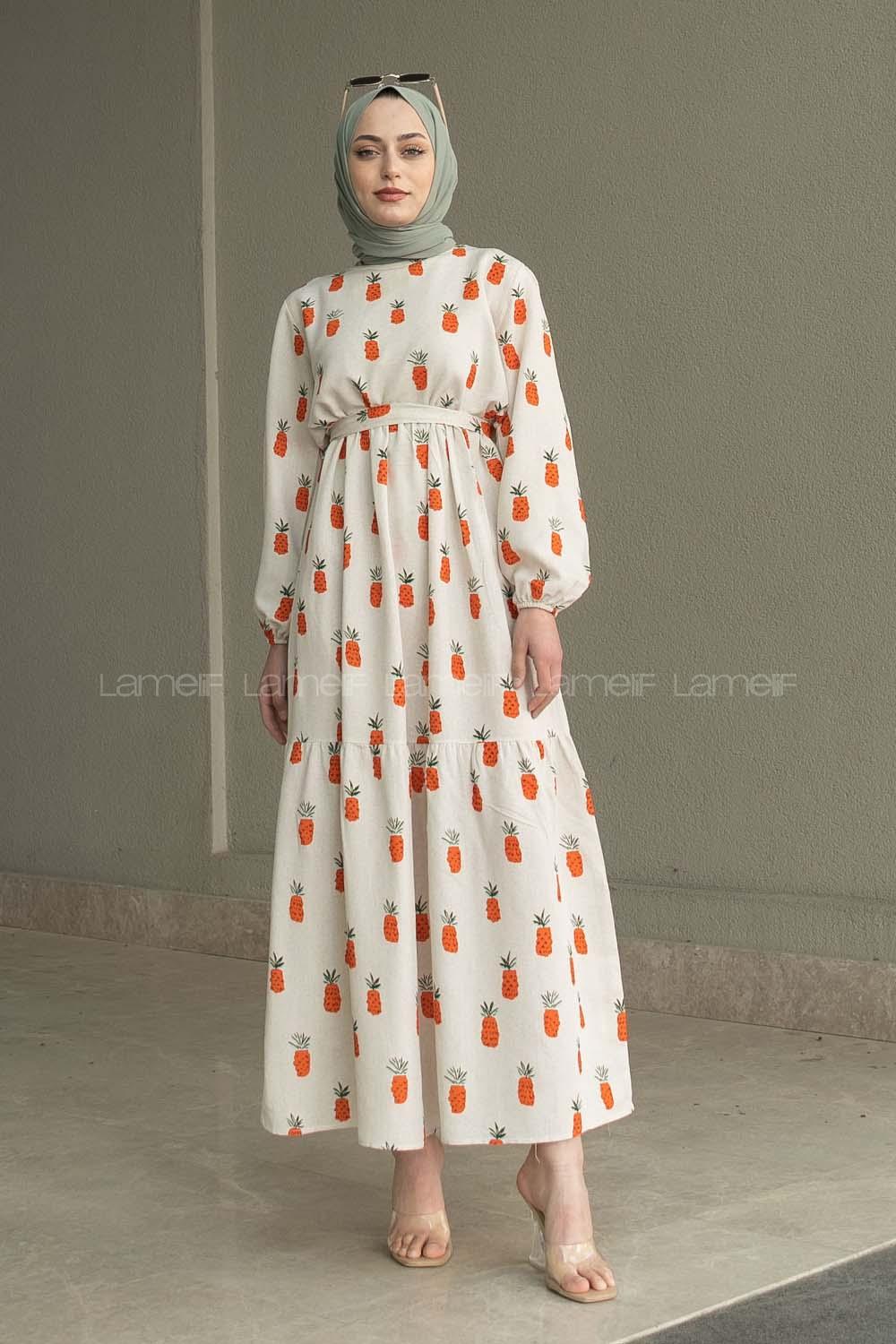 Orange Crew Neck Linen Printed Dresess