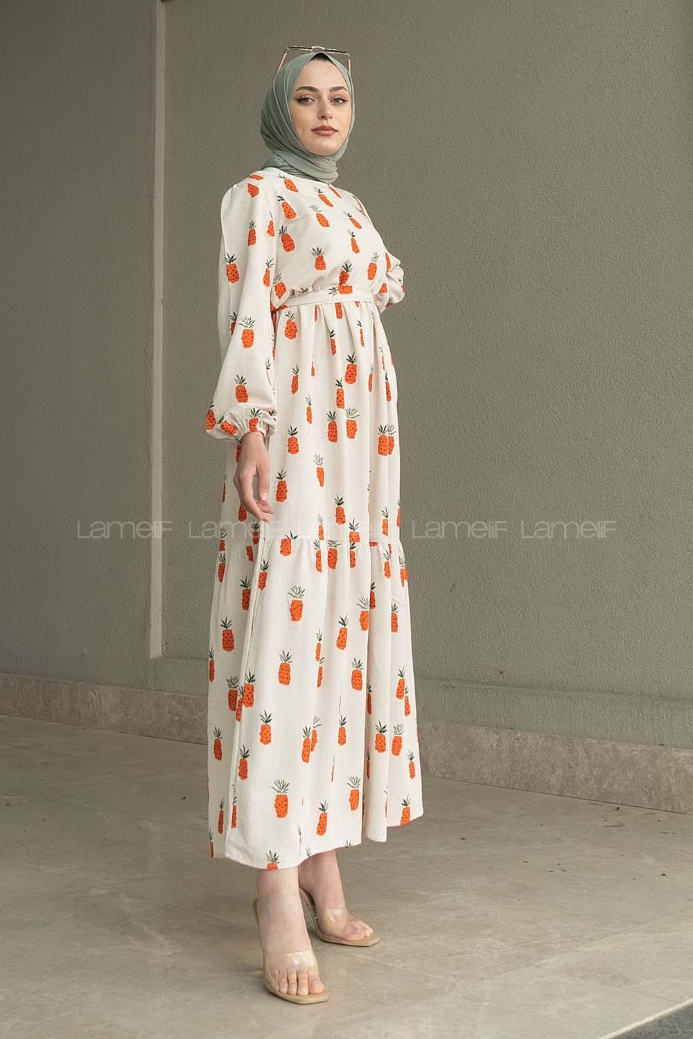 Orange Crew Neck Linen Printed Dresess