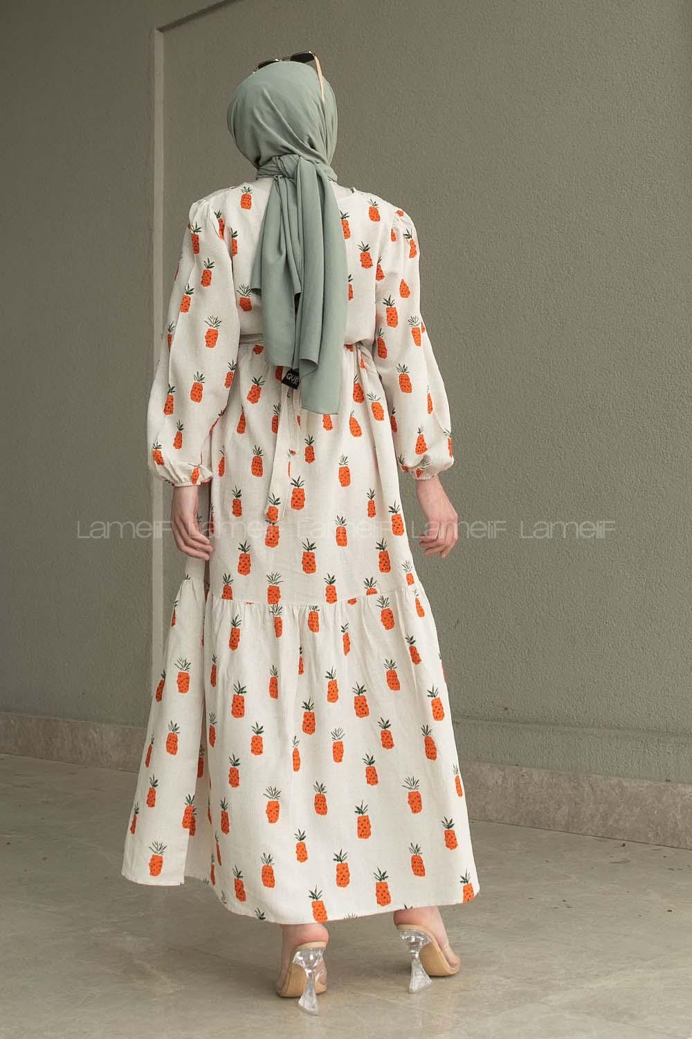 Orange Crew Neck Linen Printed Dresess