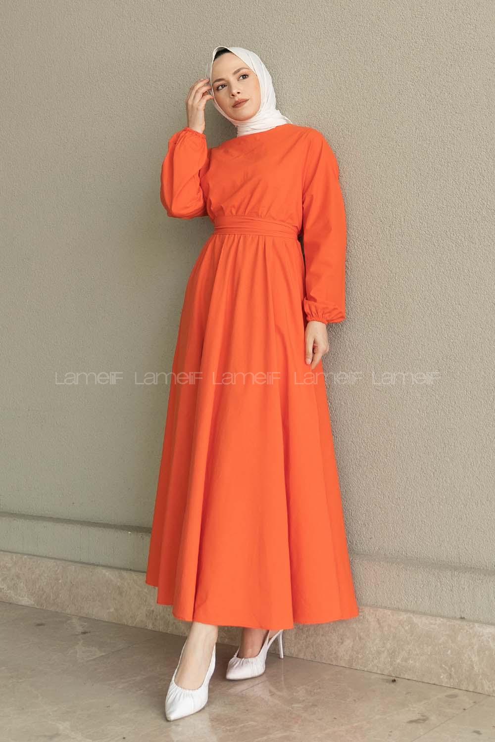 Orange Medium Crew Neck Linen Unprinted Dresess