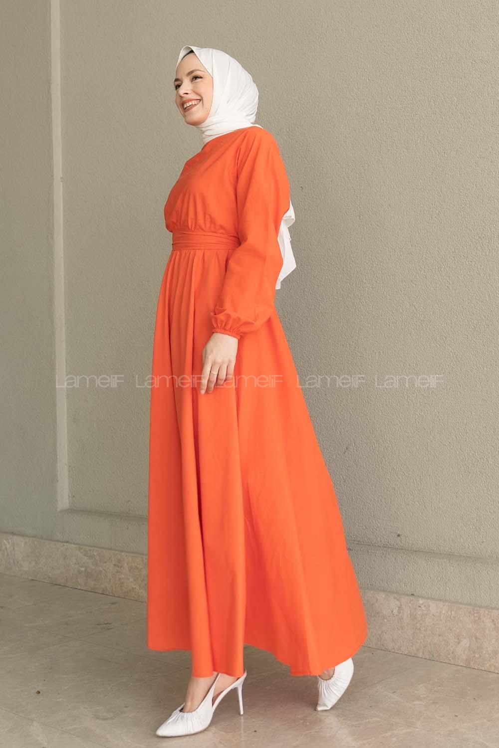 Orange Medium Crew Neck Linen Unprinted Dresess