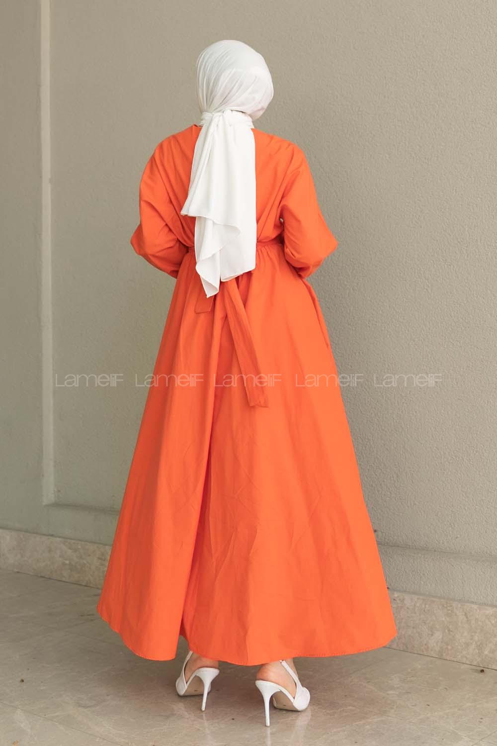 Orange Medium Crew Neck Linen Unprinted Dresess