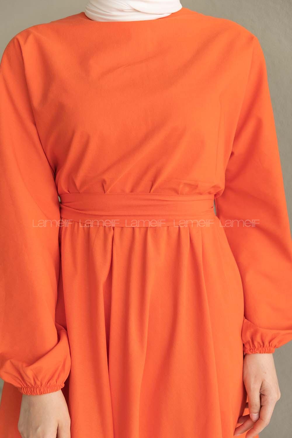 Orange Medium Crew Neck Linen Unprinted Dresess