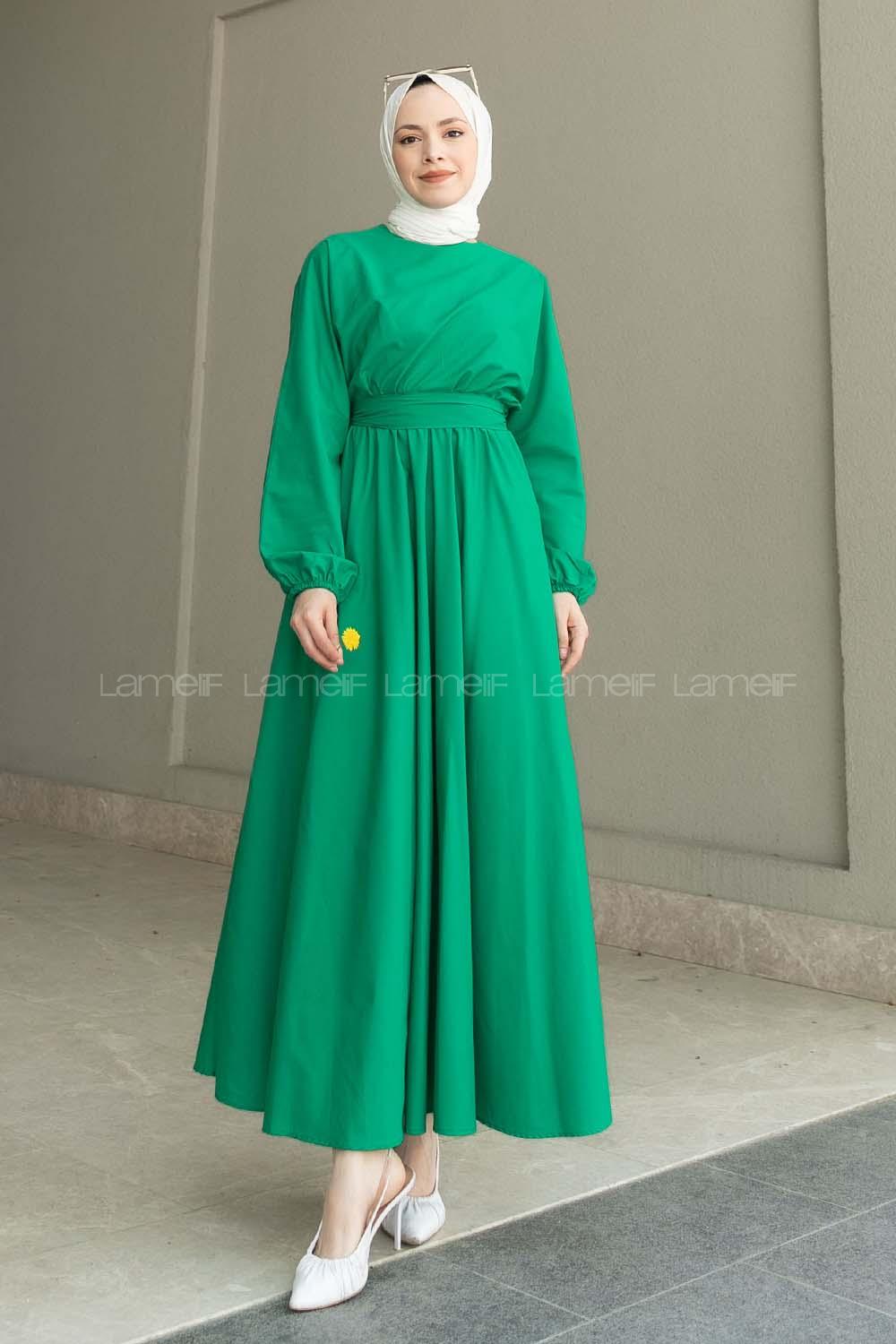 Green Medium Crew Neck Linen Unprinted Dresess