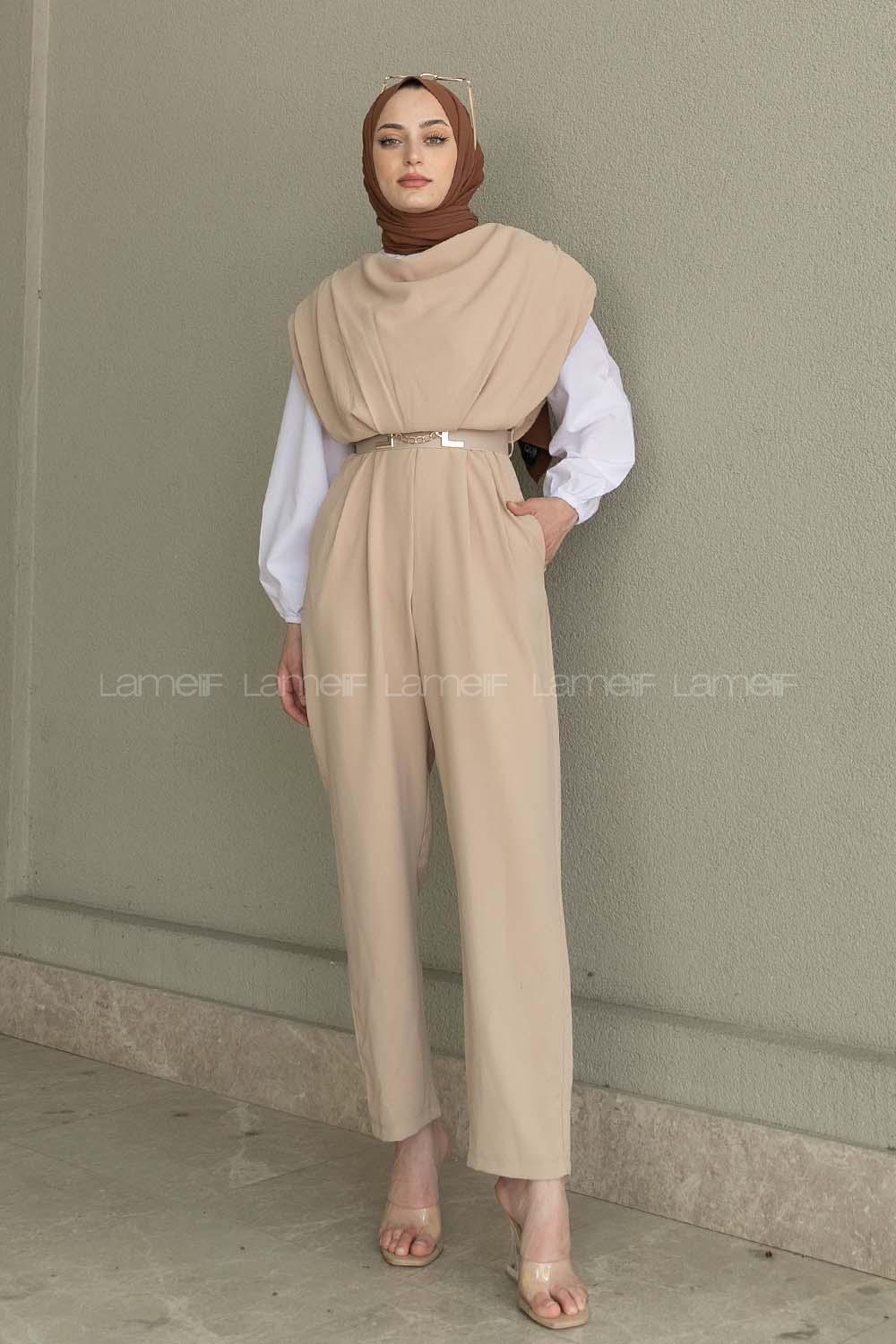 Beige Roll Neck Crepe Fabric Unprinted Overalls