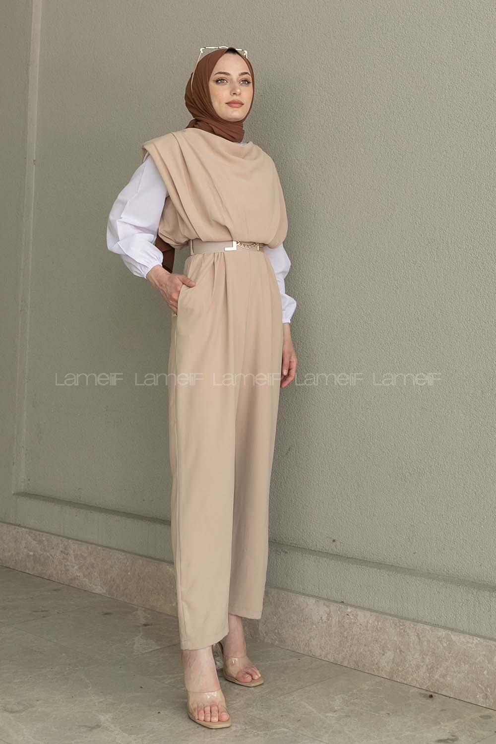 Beige Roll Neck Crepe Fabric Unprinted Overalls