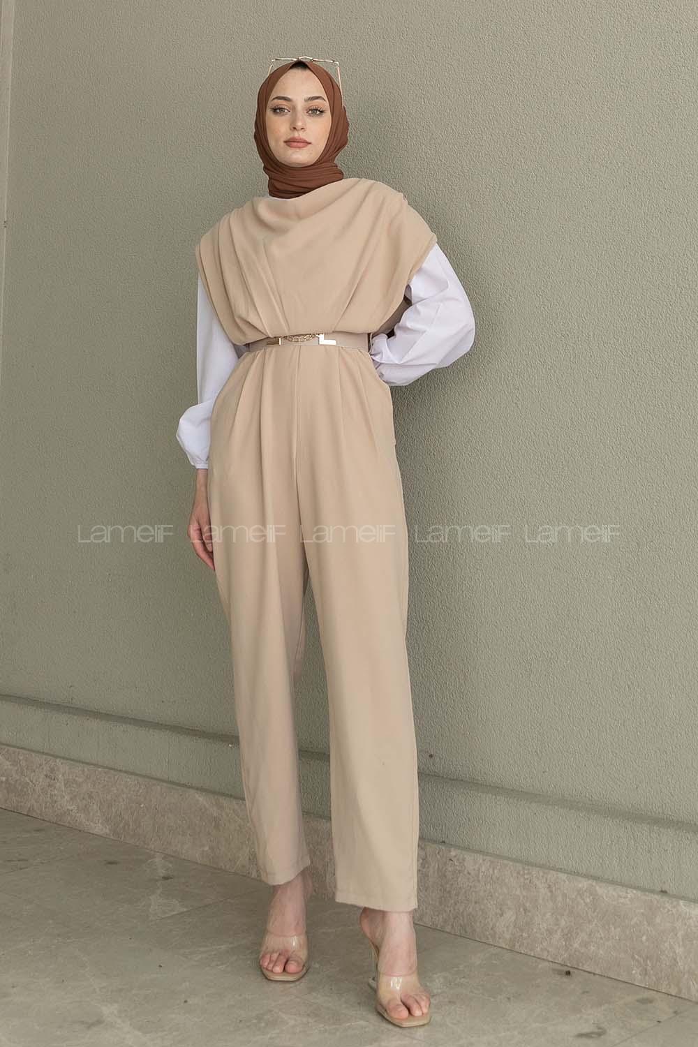 Beige Roll Neck Crepe Fabric Unprinted Overalls