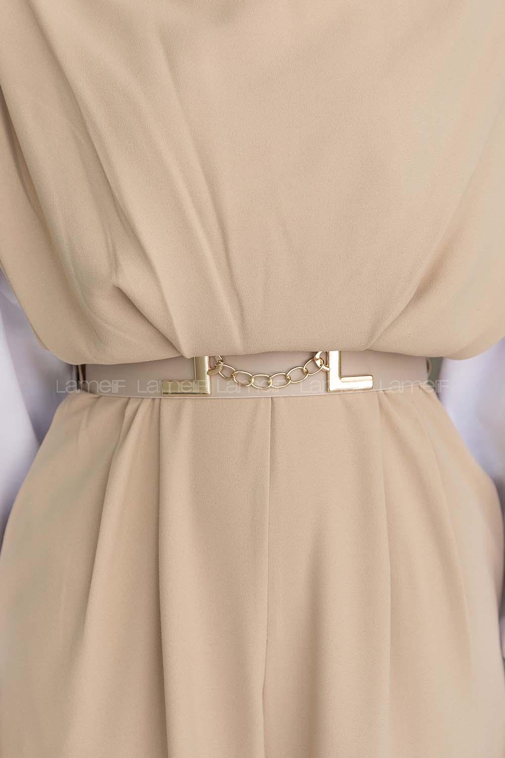 Beige Roll Neck Crepe Fabric Unprinted Overalls