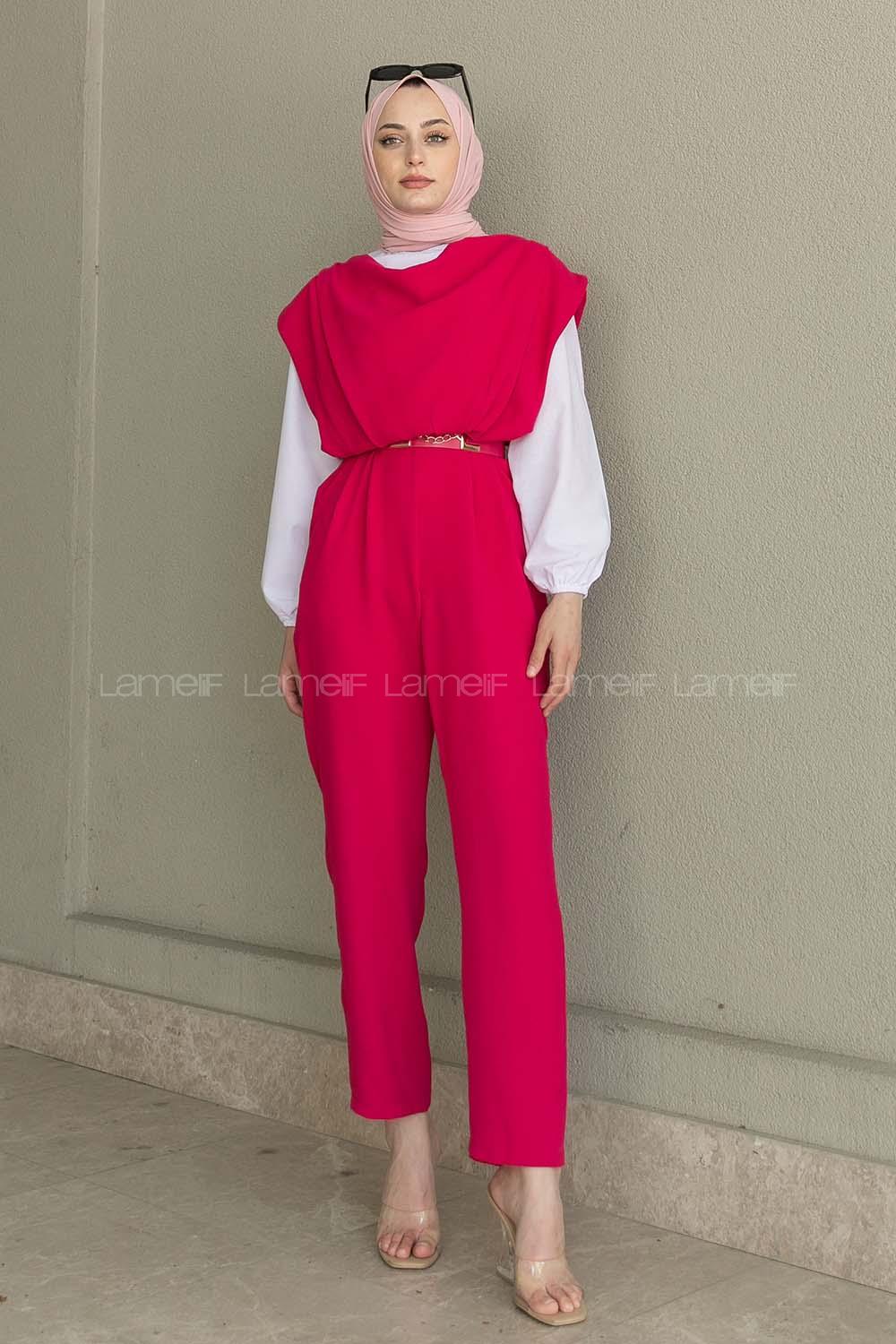 Fuchsia Roll Neck Crepe Fabric Unprinted Overalls