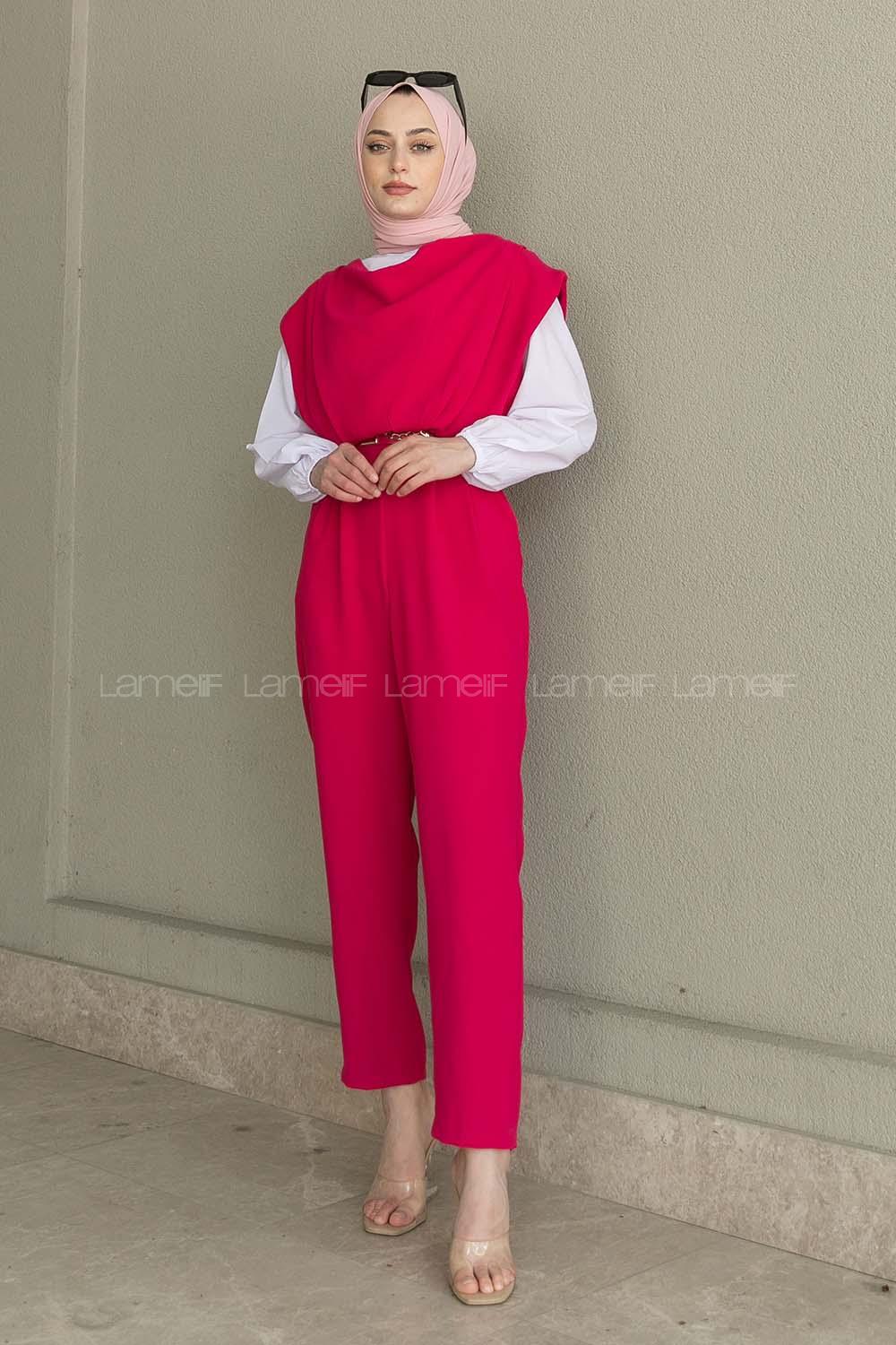 Fuchsia Roll Neck Crepe Fabric Unprinted Overalls
