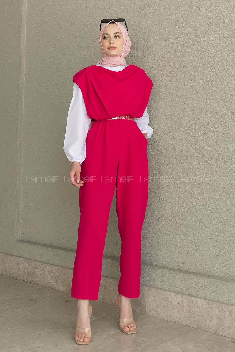 Fuchsia Roll Neck Crepe Fabric Unprinted Overalls