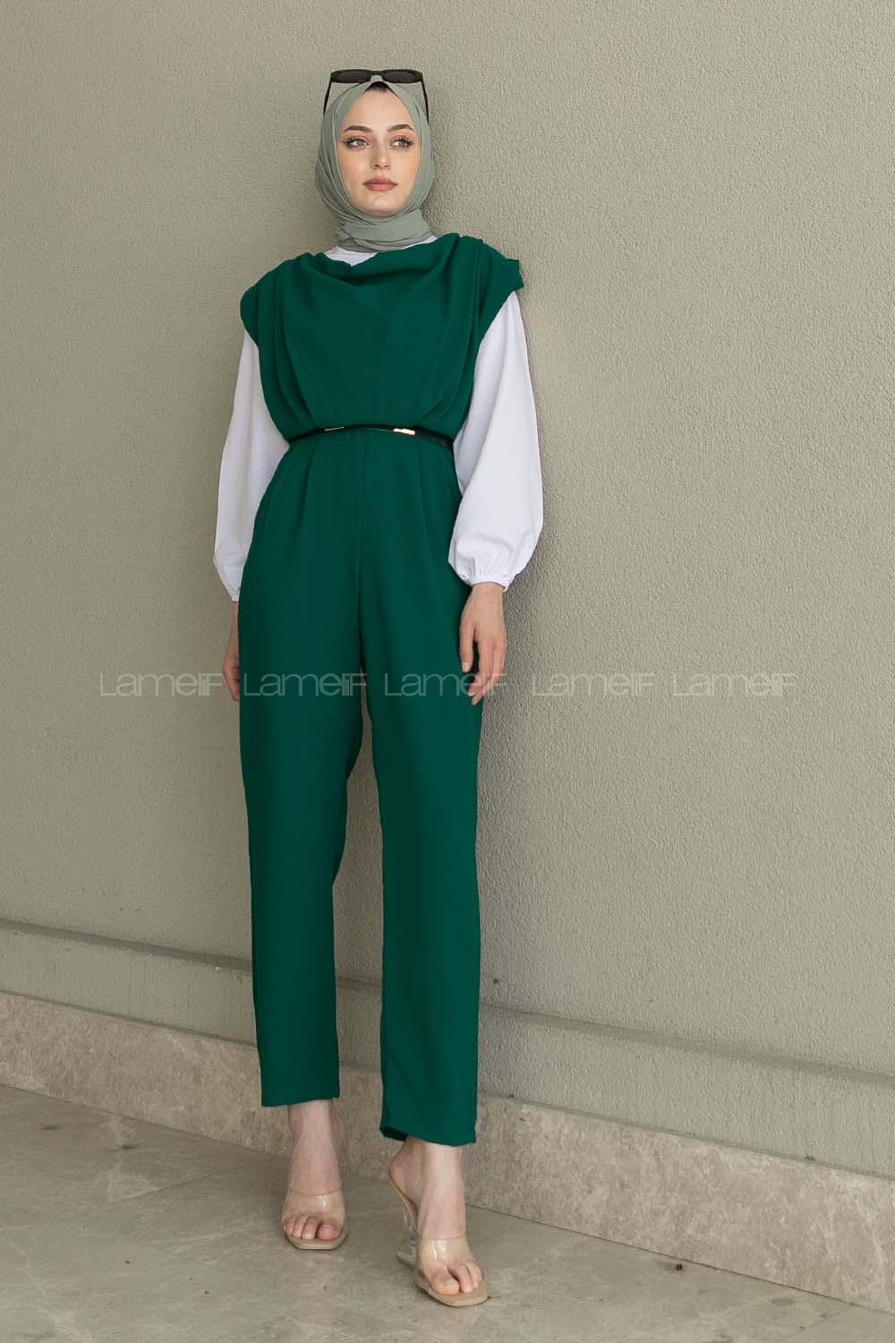 Emerald Green Roll Neck Crepe Fabric Unprinted Overalls