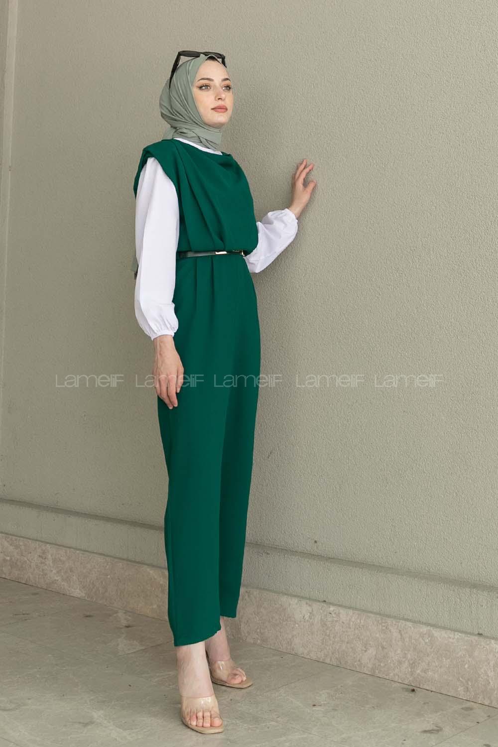 Emerald Green Roll Neck Crepe Fabric Unprinted Overalls