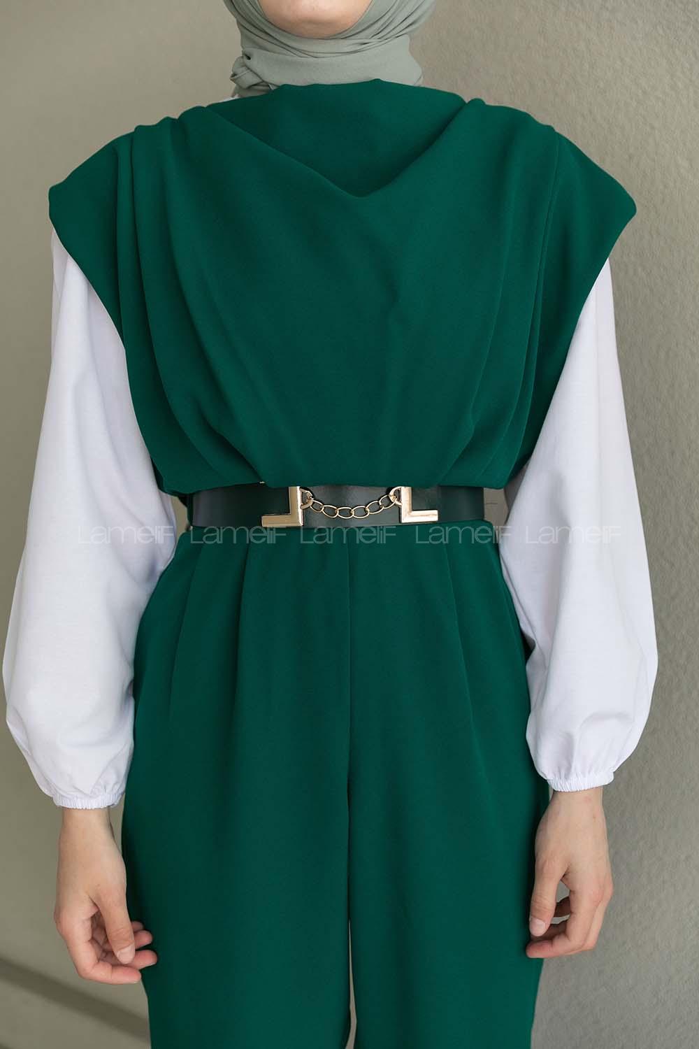 Emerald Green Roll Neck Crepe Fabric Unprinted Overalls