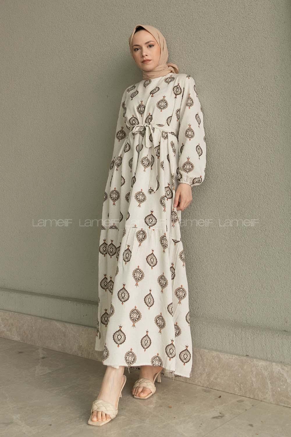 Ecru Tan Crew Neck Linen Printed Dresess