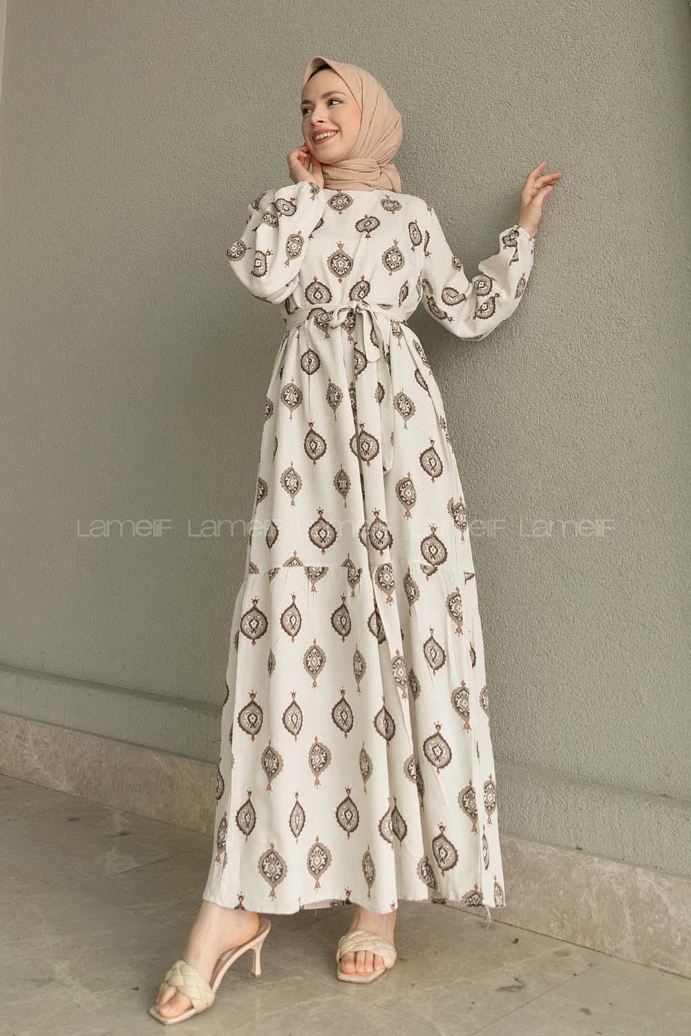 Ecru Tan Crew Neck Linen Printed Dresess